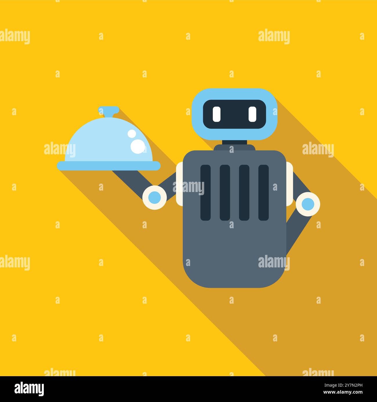 Robot tenant un plateau de service couvert de restaurant, style design icône plat Illustration de Vecteur