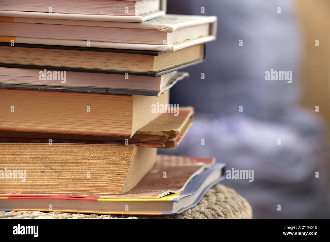 Une pile de livres assortis représentant l'apprentissage et l'éducation avec une atmosphère chaleureuse et accueillante en arrière-plan. Banque D'Images