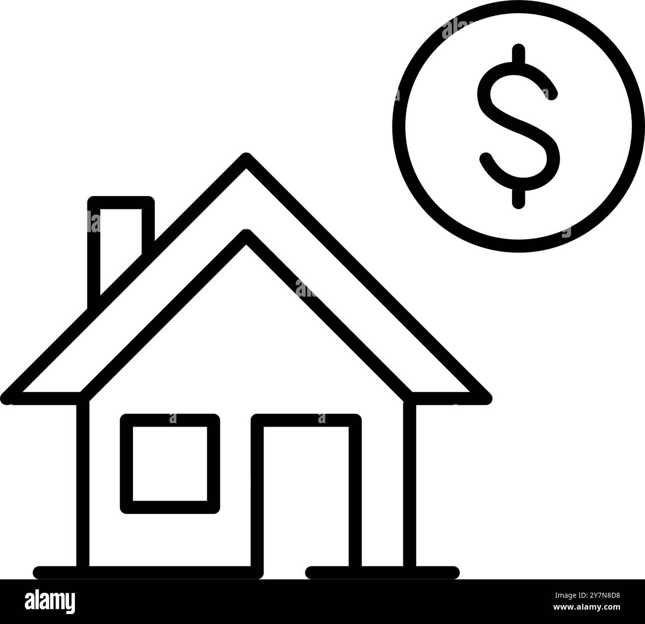 Bungalow House et symbole dollar. Propriété inscrite à la vente sur le marché immobilier, coût de construction, prêt hypothécaire. Pixel Perfect, contour modifiable vec Illustration de Vecteur