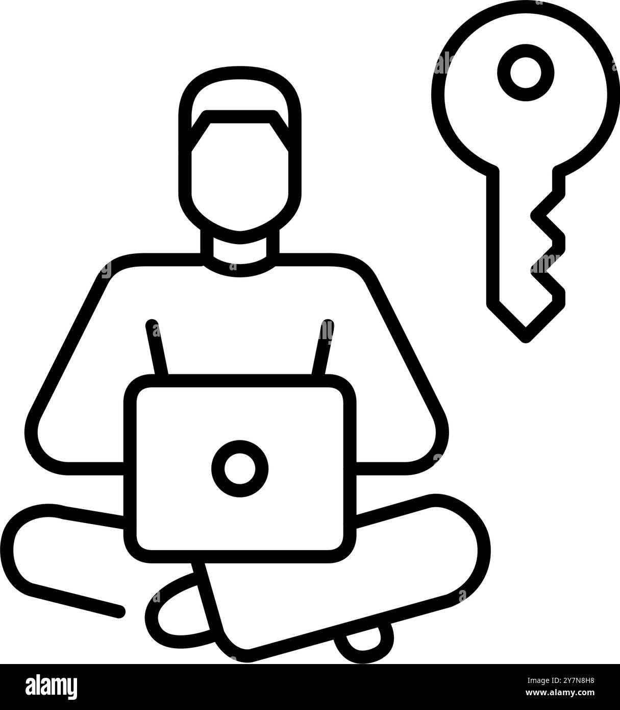 Homme travaillant à l'ordinateur portable et à la clé. Cybersécurité, accès sécurisé aux ressources numériques et présence en ligne protégée. Pixel parfait, vecteur de contour modifiable Illustration de Vecteur