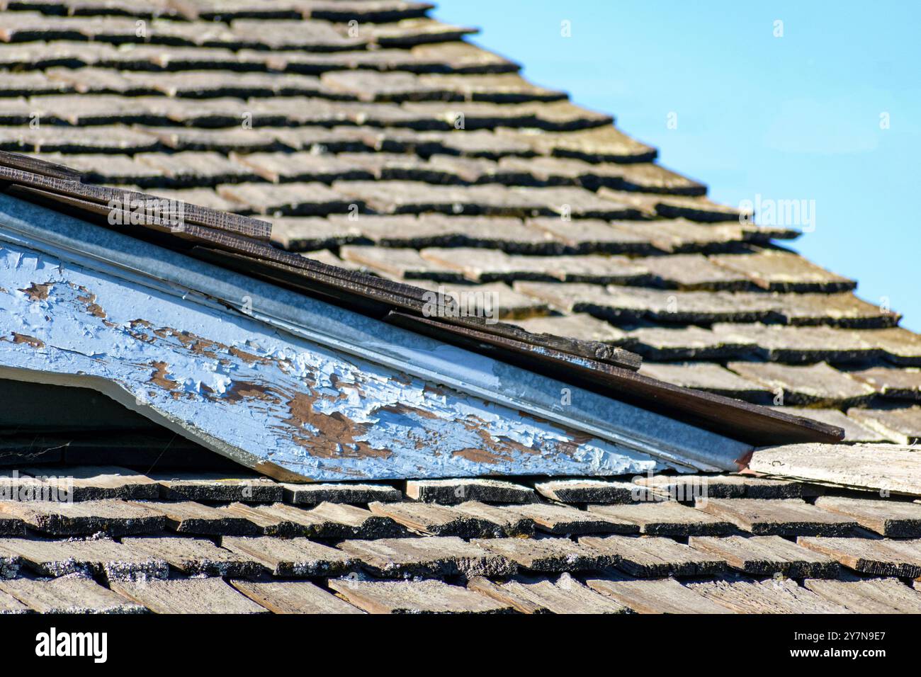 Un toit rustique avec des bardeaux de bois et de la peinture bleue écaillée sur la garniture montre des signes clairs de vieillissement et d'usure. Banque D'Images