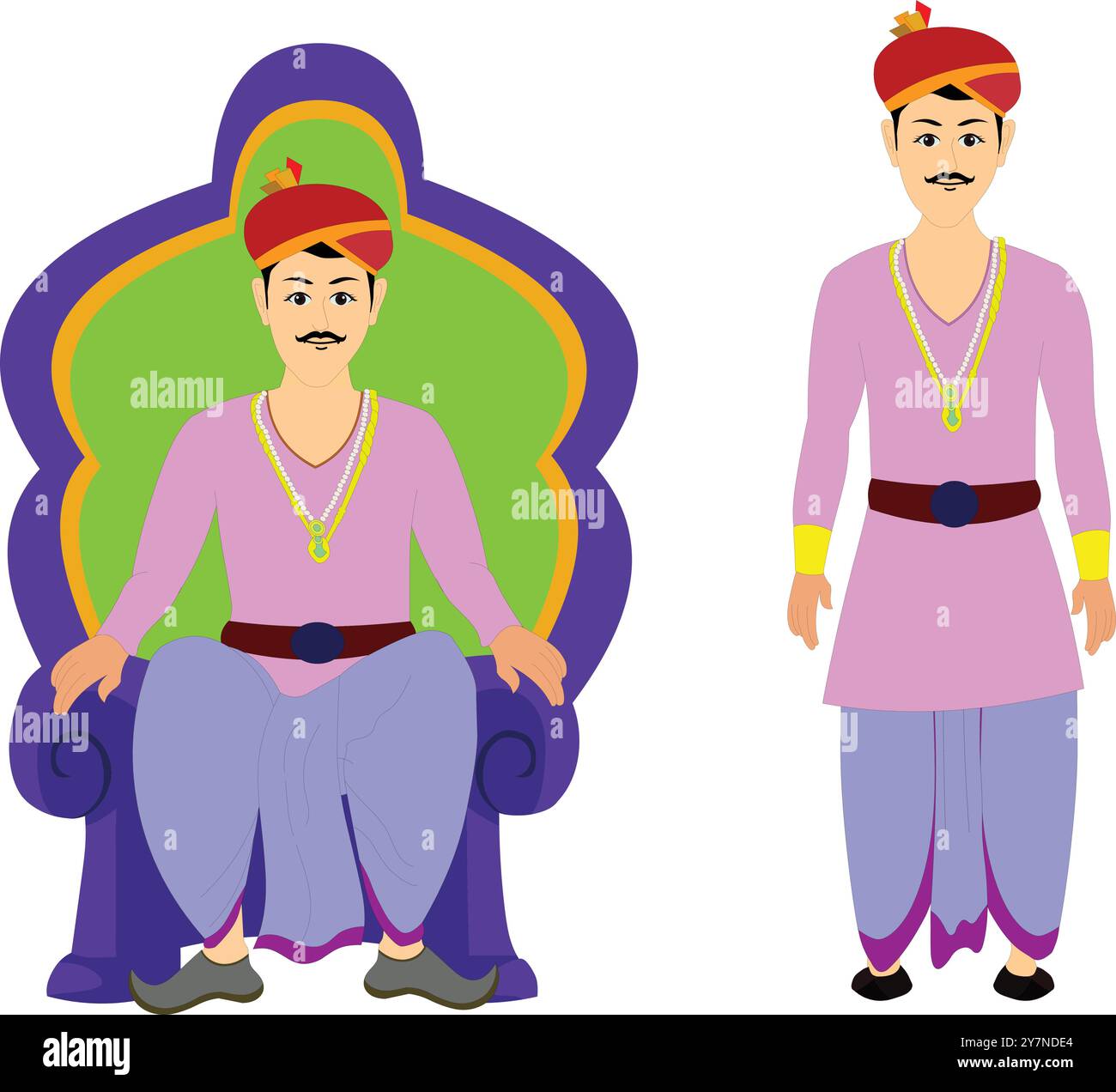 Feuille de modèle de personnage Indian King pour l'animation de dessins animés. Jeu de personnages empereur indien. Personnage King avec pose assise et debout Illustration de Vecteur