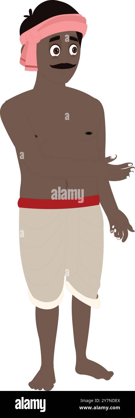 Illustration vectorielle de vue latérale de personnage de pauvre fermier de village indien pour dessin animé. Feuille modèle de l'agriculteur. Homme de village indien portant dhoti Illustration de Vecteur