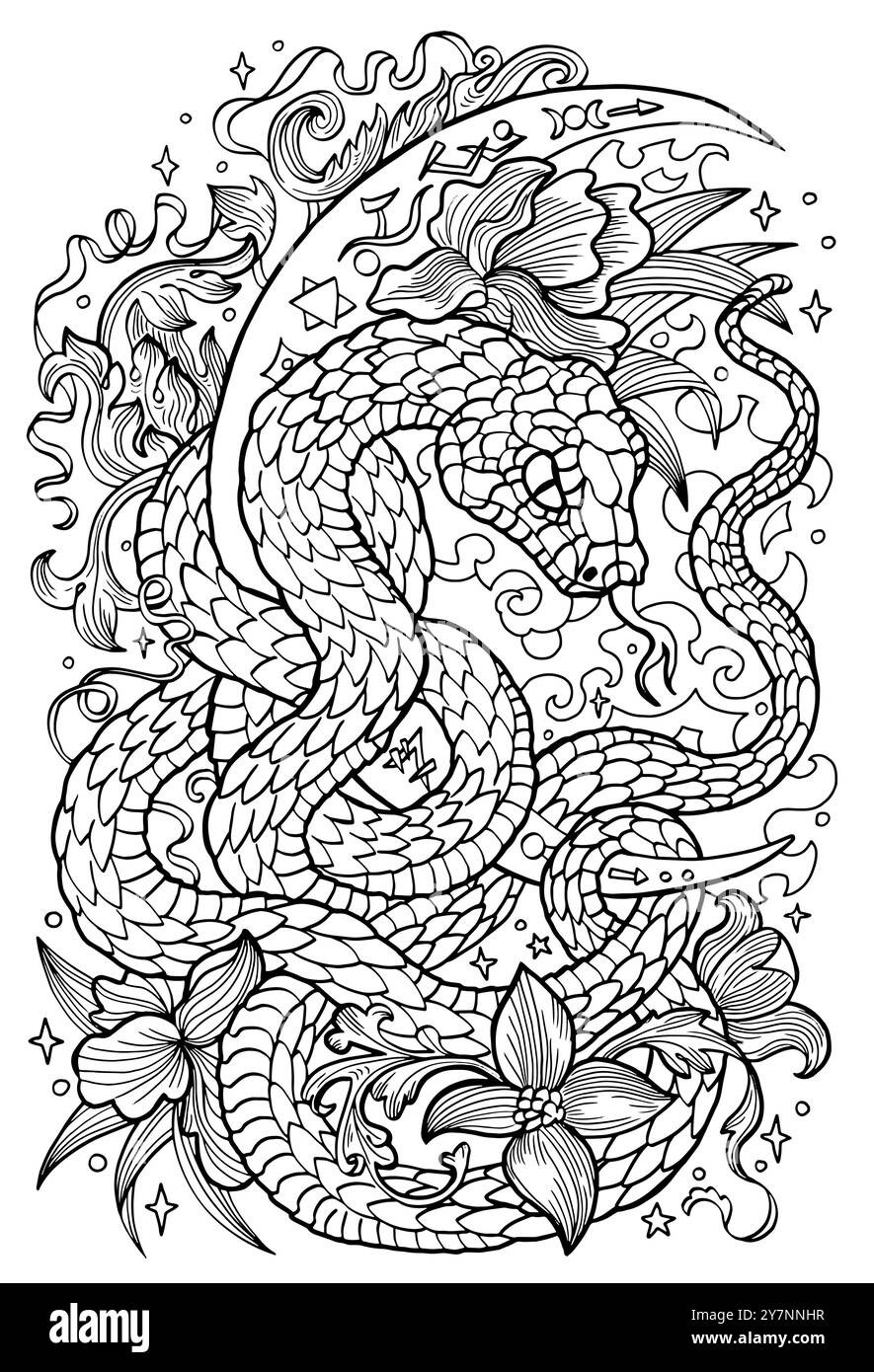Illustration d'art au trait dessinée à la main avec lune, fleurs et serpent - symbole de l'année selon l'horoscope oriental. Illustration graphique pour la page à colorier. Illustration de Vecteur