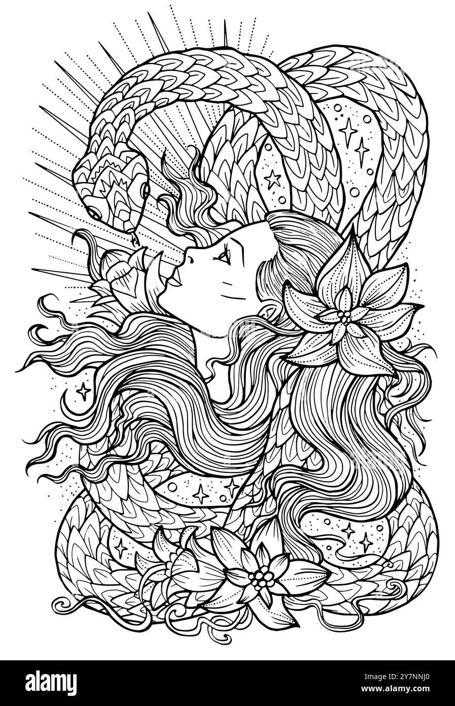 Illustration d'art au trait dessinée à la main avec belle fille et serpent - symbole de l'année selon l'horoscope oriental. Illustration graphique pour la page à colorier. Illustration de Vecteur