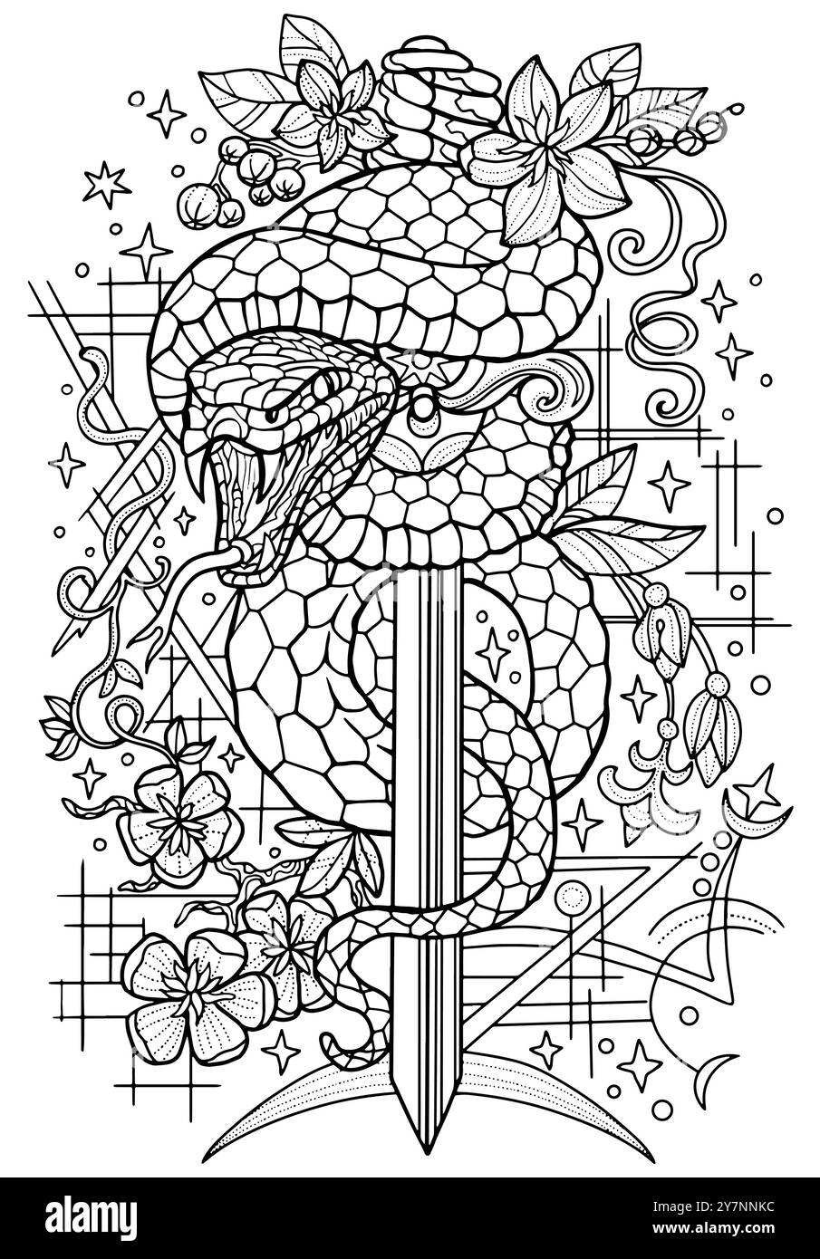Illustration d'art au trait dessinée à la main avec épée et serpent - symbole de l'année selon l'horoscope oriental. Illustration graphique pour la page à colorier. Ésotérique Illustration de Vecteur