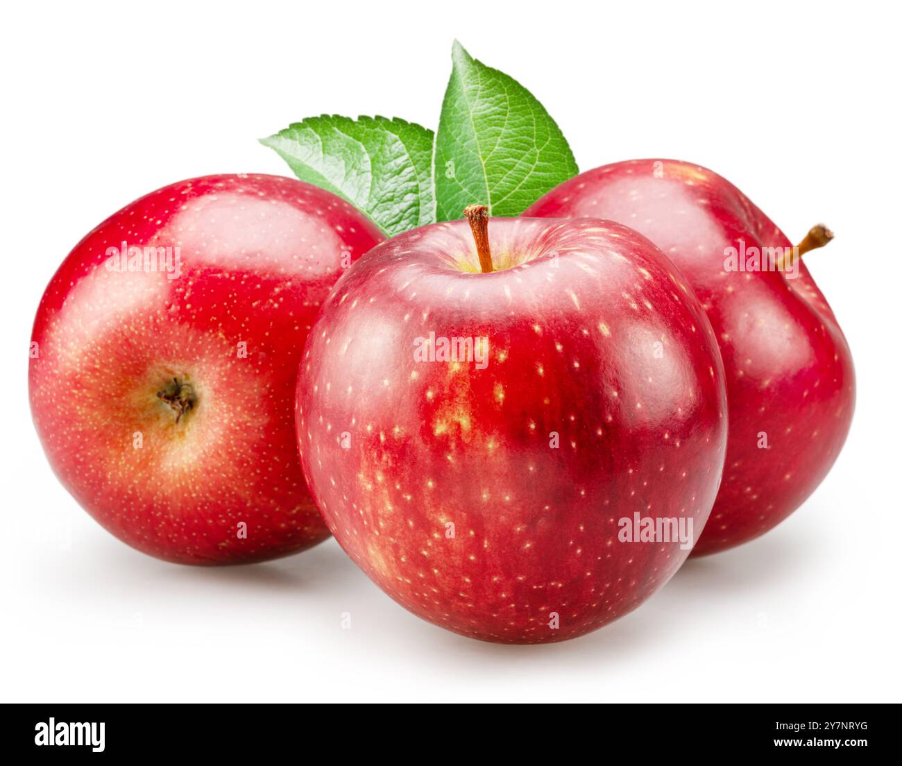 Pommes rouges mûres avec des feuilles de pomme vertes sur fond blanc. Le fichier contient un chemin de détourage. Banque D'Images