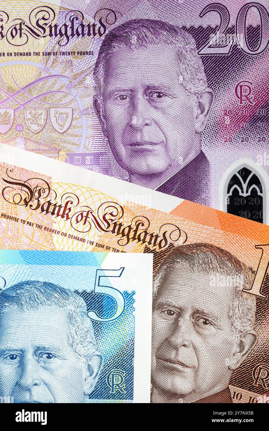 Charles III monnaie britannique - billets de 20 £, 10 £ et 5 £ Banque D'Images