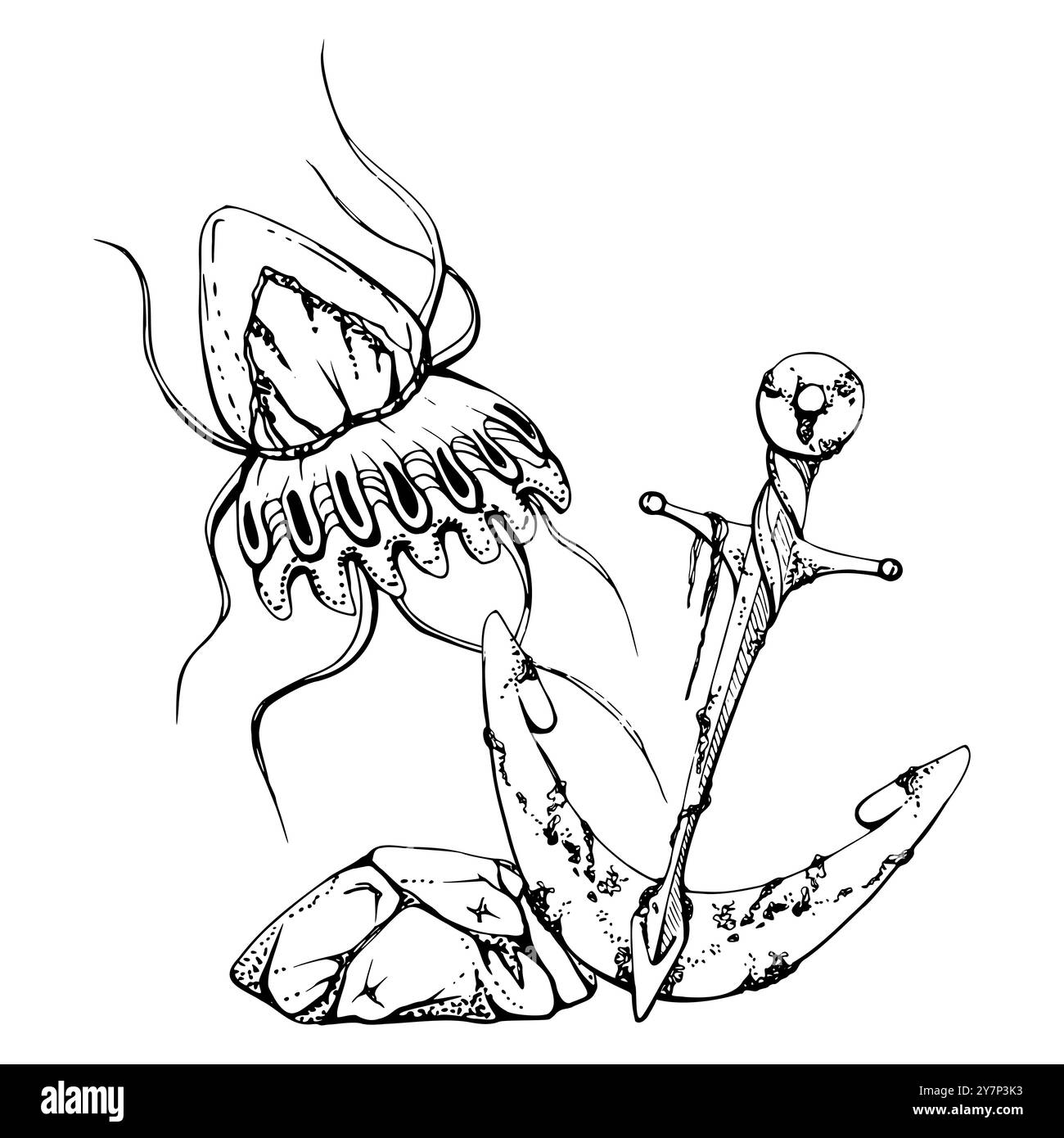 méduse méduse avec ancre, vie marine, créatures sous-marines de l'océan marin animal, encre et stylo dessin à la main. Illustration de composition, stylisée Illustration de Vecteur