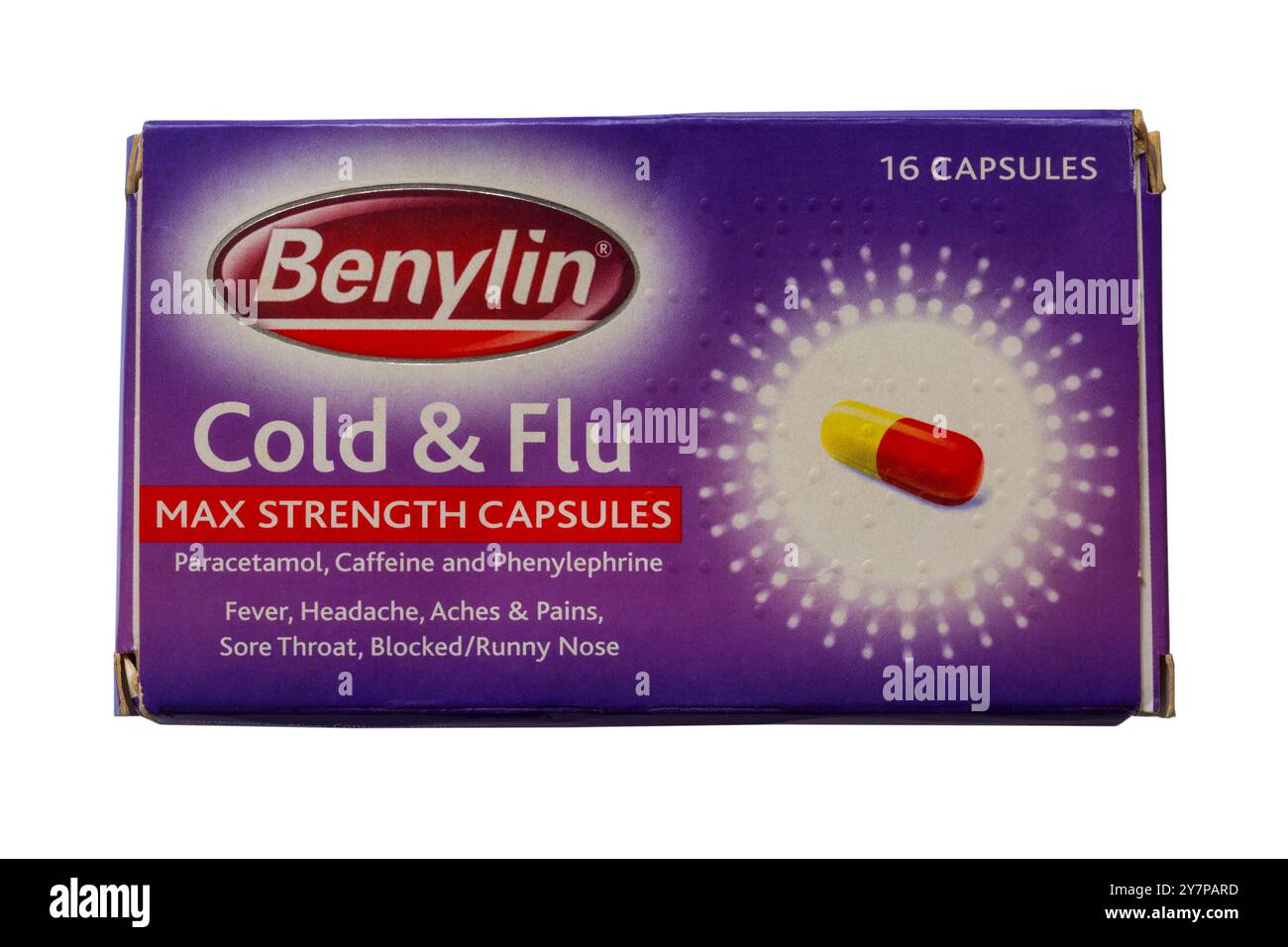 Benylin Cold & Flu Max Strength capsules isolées sur fond blanc Banque D'Images