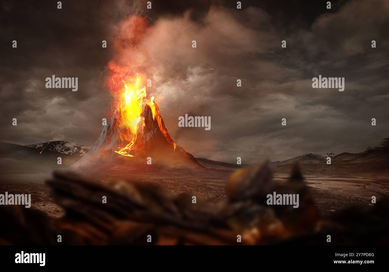 Éruption massive du volcan. Un grand volcan faisant éruption de lave chaude et de gaz dans l'atmosphère. face à un paysage sombre. Illustration 3D. Banque D'Images