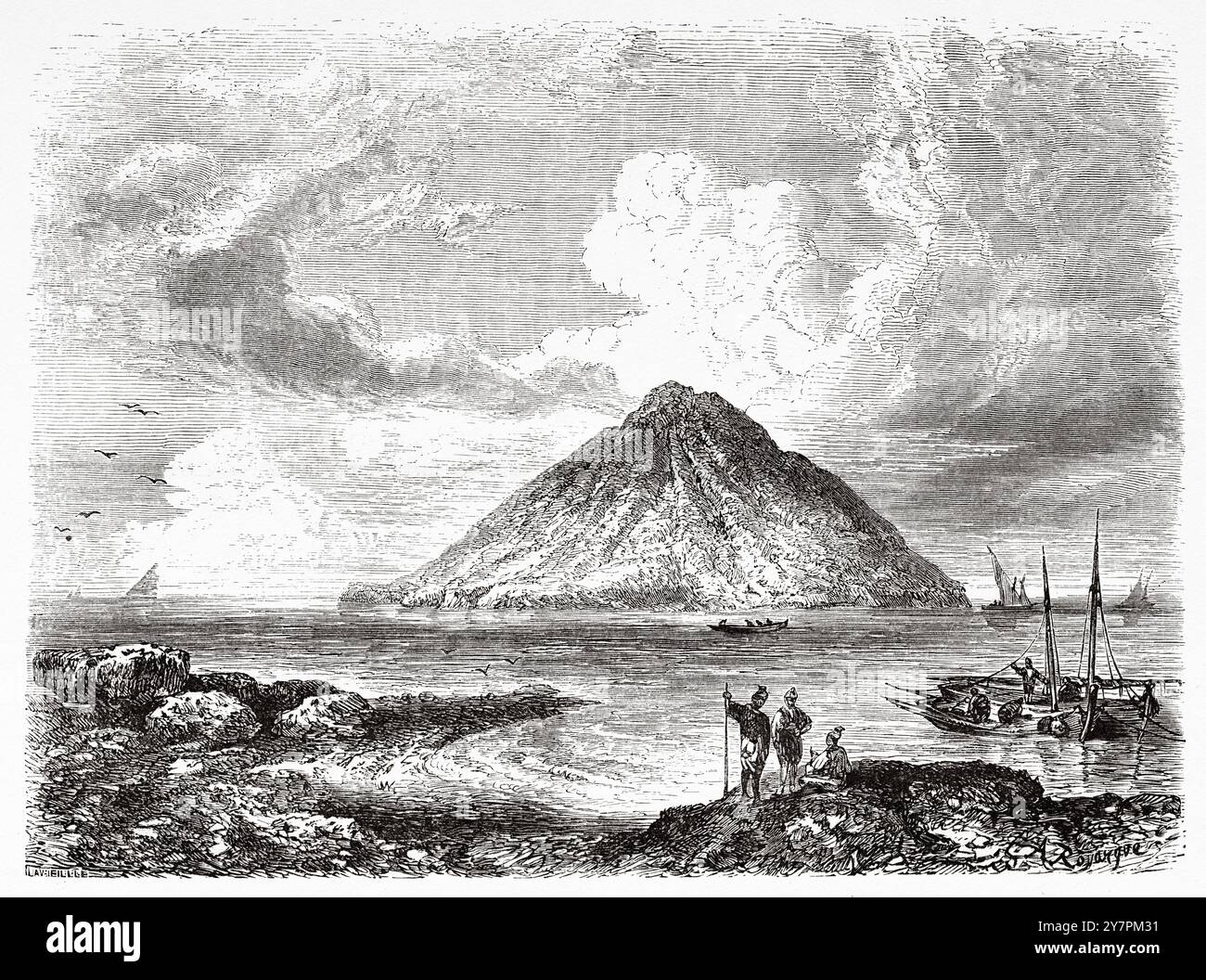 Vue de Stromboli, île de Sicile, Italie. Dessin d'Adolphe Rouargue (1810-1870) d'un mois en Sicile, 1843 de Felix Bourquelot (1815-1868) le Tour du monde 1860 Banque D'Images