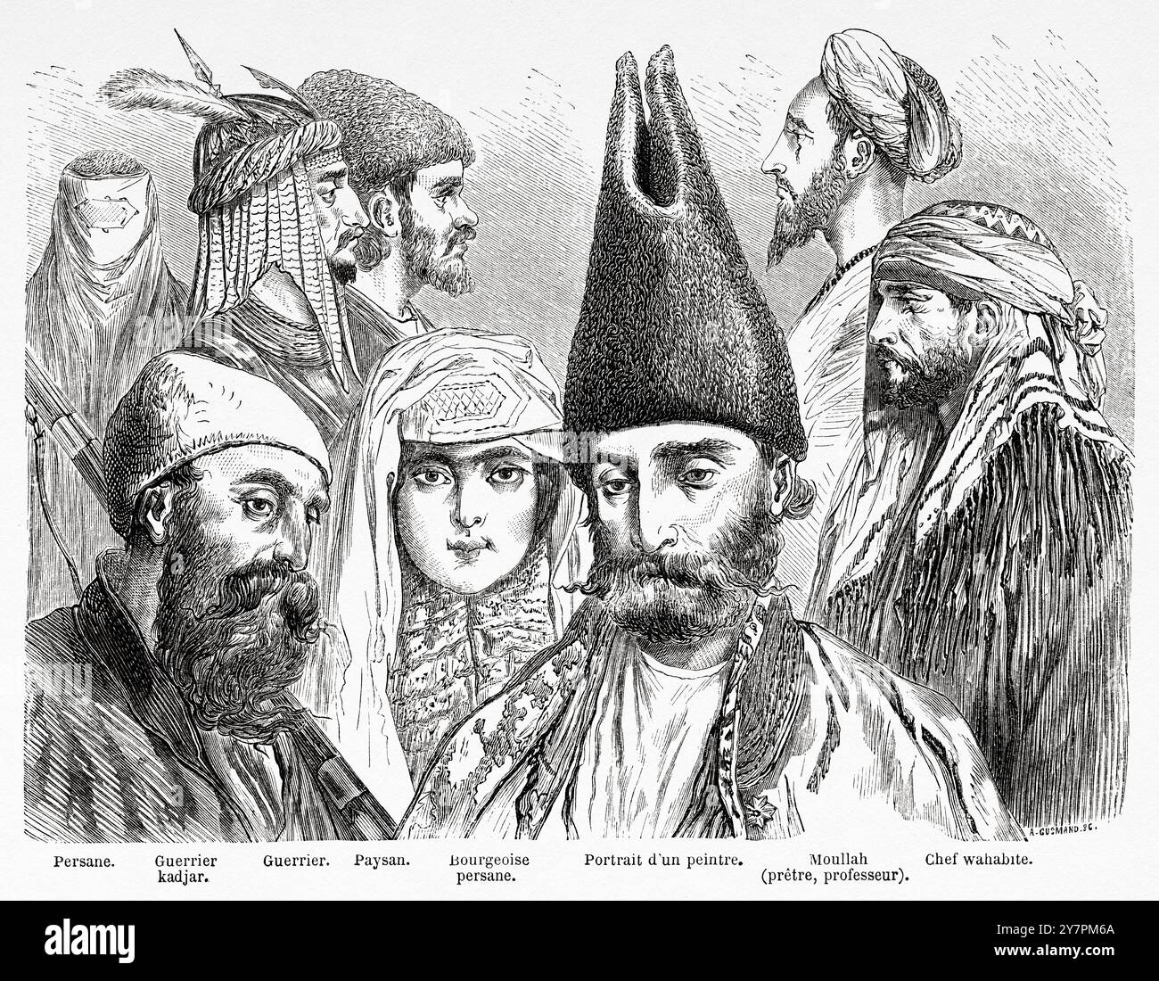 Portraits de types persans du XIXe siècle. Femme persane, guerrier Kadjar, paysan, Bourgeois persan, Portrait d'un peintre, Moullah, prêtre ou enseignant. Iran. Dessin de Jules Laurens (1825-1901) voyage en Perse, 1855-1858 d'Arthur de Gobineau (1816-1882) le Tour du monde 1860 Banque D'Images