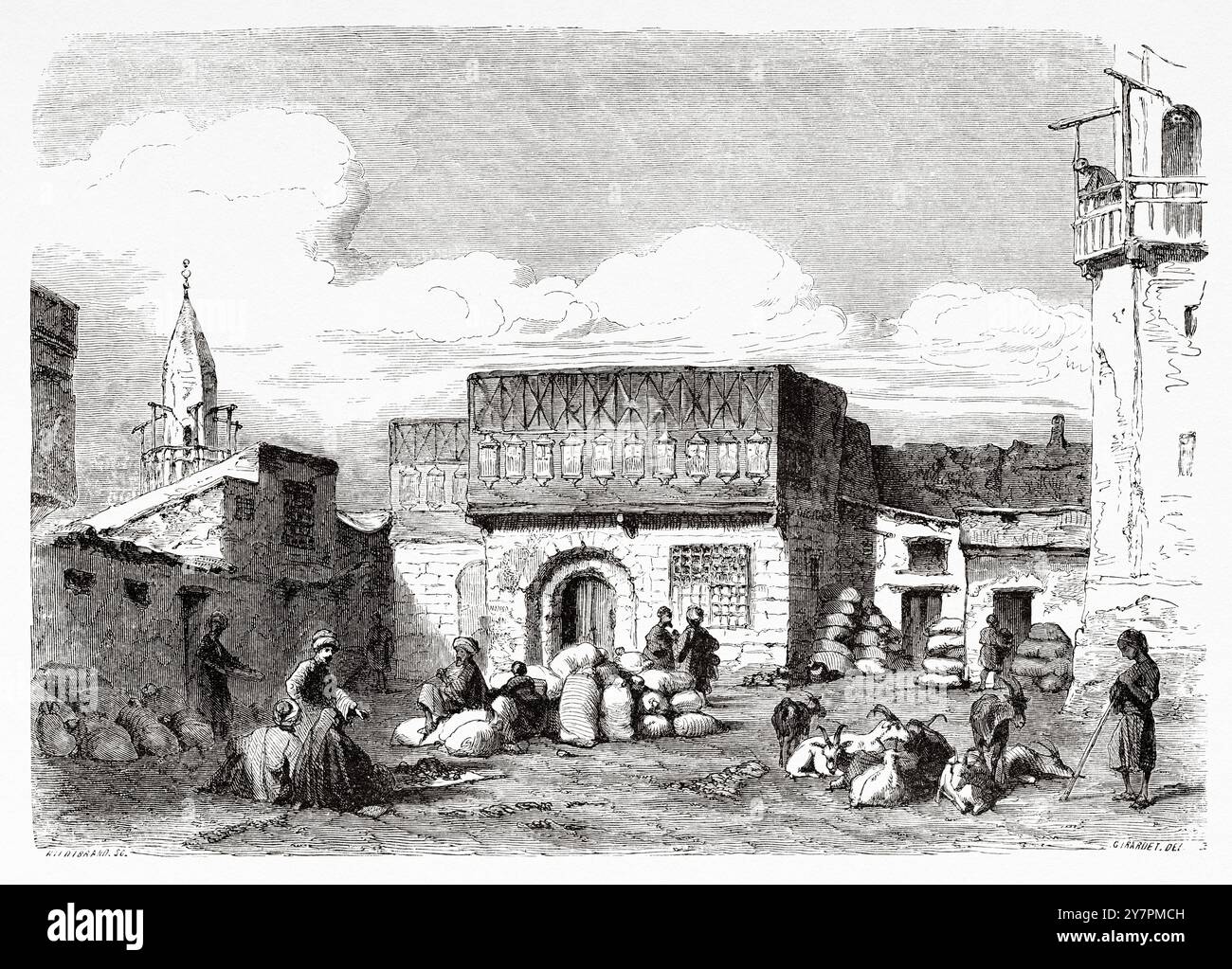 Marché aux céréales et place de la ville dans la vieille ville de la ville de Suez, Egypte. Dessin de Karl Girardet (1813-1871) voyage en Afrique de l'est, 1860 de Guillaume Lejean (1828-1871) le Tour du monde 1860 Banque D'Images