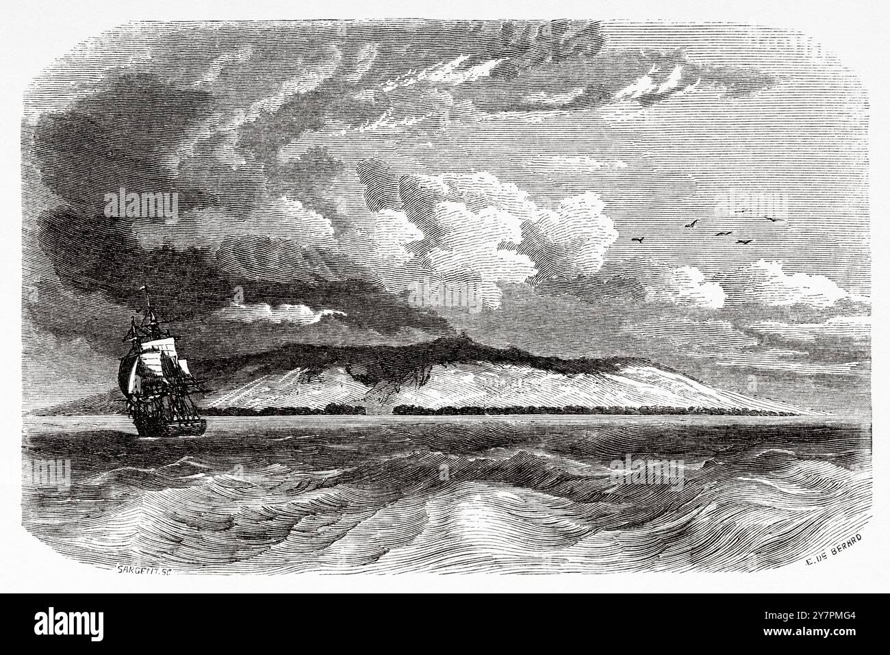 Île de San Cristobal, îles Galapagos, Équateur. Dessin d'Evremond de Berard (1824-1881) voyages d'un naturaliste dans l'archipel des Galapagos, 1858 de Charles Darwin (1809-1882) le Tour du monde 1860 Banque D'Images