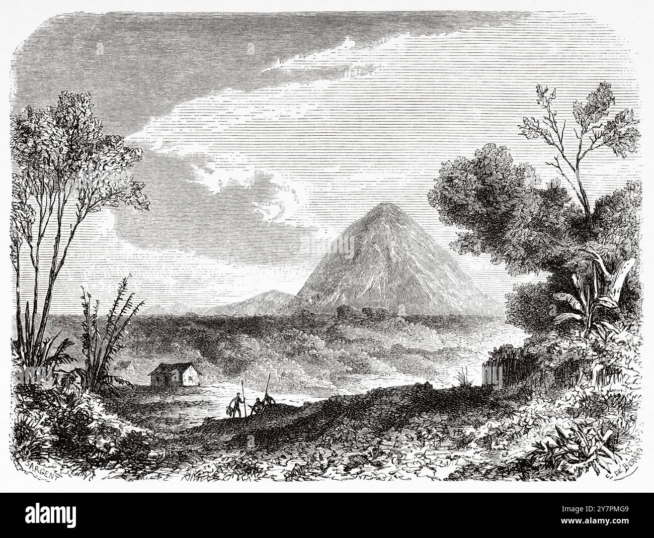 Île Floreana, îles Galapagos, Équateur. Dessin d'Evremond de Berard (1824-1881) voyages d'un naturaliste dans l'archipel des Galapagos, 1858 de Charles Darwin (1809-1882) le Tour du monde 1860 Banque D'Images