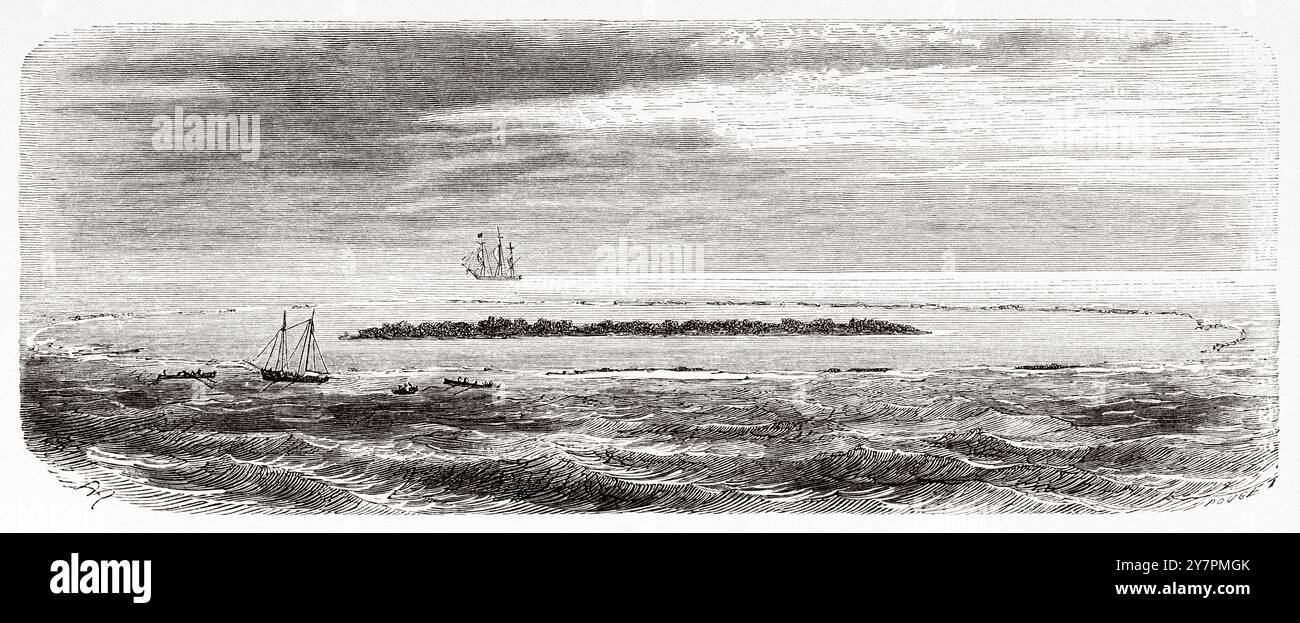 Archipel des Tuamotu, Polynésie française. Dessin d'Evremond de Berard (1824-1881) voyages d'un naturaliste dans l'archipel des Galapagos, 1858 de Charles Darwin (1809-1882) le Tour du monde 1860 Banque D'Images