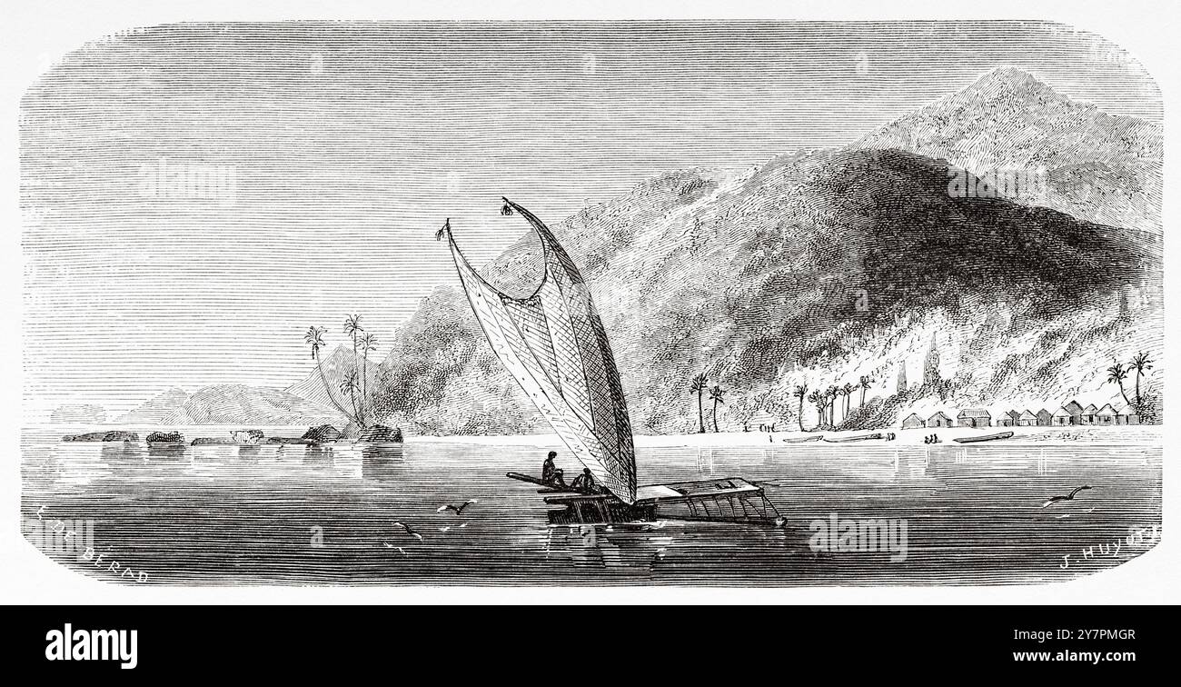 Village de Vanu, île de Vanikoro, îles Salomon, îles Corail. Dessin d'Evremond de Berard (1824-1881) voyages d'un naturaliste dans l'archipel des Galapagos, 1858 de Charles Darwin (1809-1882) le Tour du monde 1860 Banque D'Images