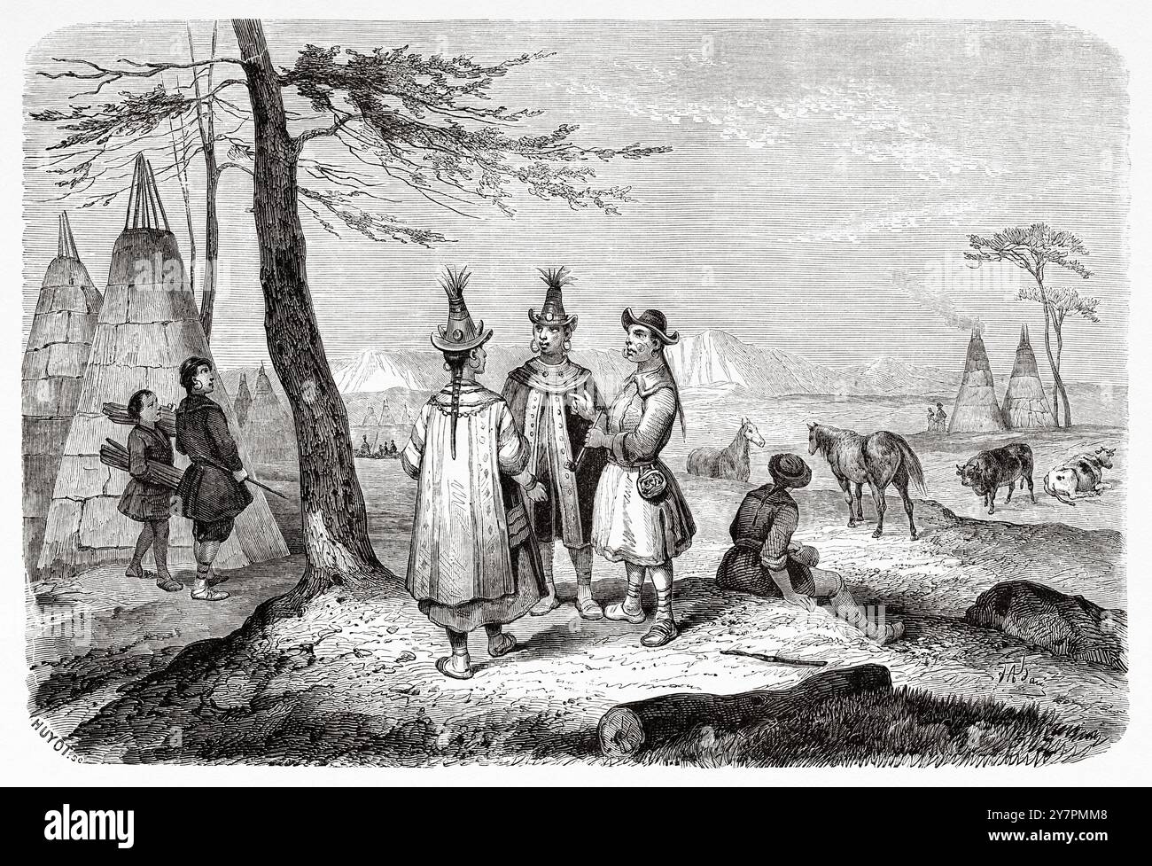 Habitants d'un village de Yakut habillés de vêtements traditionnels typiques, Russie. Dessin de Jean Victor Adam (1801-1866) voyage au pays des Yakuts. Russie asiatique, 1830-1839 par Uvarovski. Le Tour du monde 1860 Banque D'Images