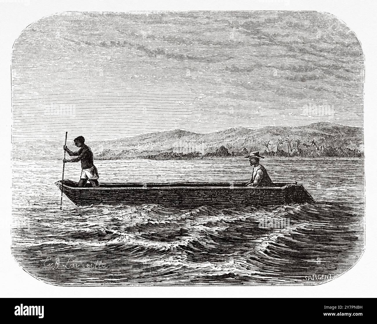 L'explorateur Burton navigant en canoë sur le lac Tanganyika. Tanzanie. Afrique. Voyage vers les grands Lacs de l'Afrique de l'est, 1857-1859 par l'explorateur britannique Richard Francis Burton (1821-1890) le Tour du monde 1860 Banque D'Images