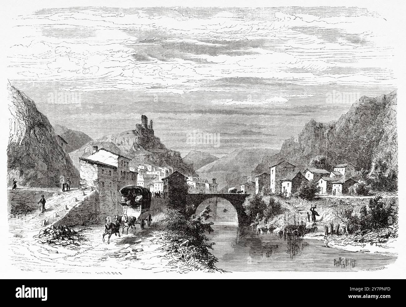 Village de Pontaix, département de la Drôme. France. Dessin de Karl Girardet (1813-1871) excursions dans le Dauphiné, 1850-1860 d'Adolphe Joanne (1813-1881) le Tour du monde 1860 Banque D'Images