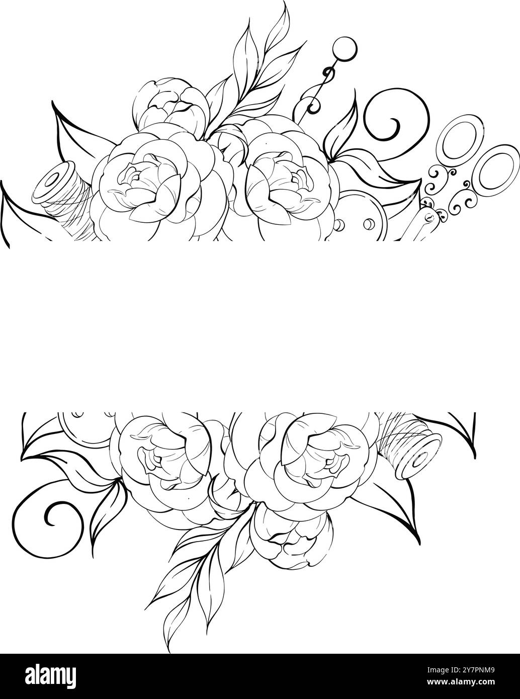 Ciseaux et bobine de fil avec des fleurs. Compositions d'outils de couture vintage, arrangement, cadres. Artisanat dans un style rétro. Vintage old-fashion Illustration de Vecteur