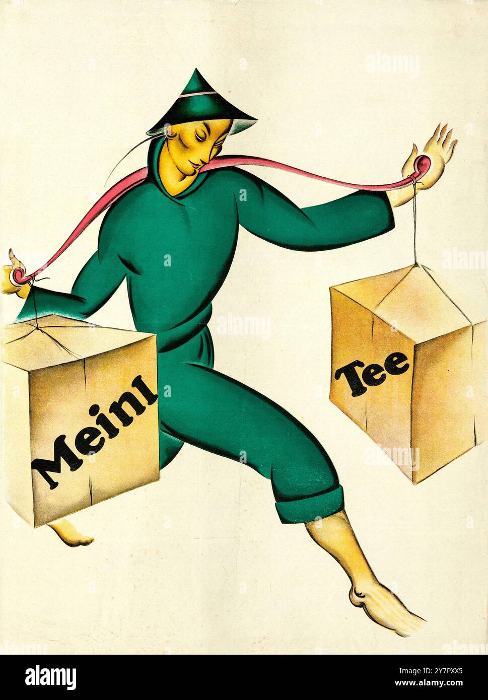 Meinl Tee (Julius Meinl International, c 1930) affiche publicitaire autrichienne - Otto Exinger (1897-1957) illustration - homme chinois transportant des boîtes Banque D'Images