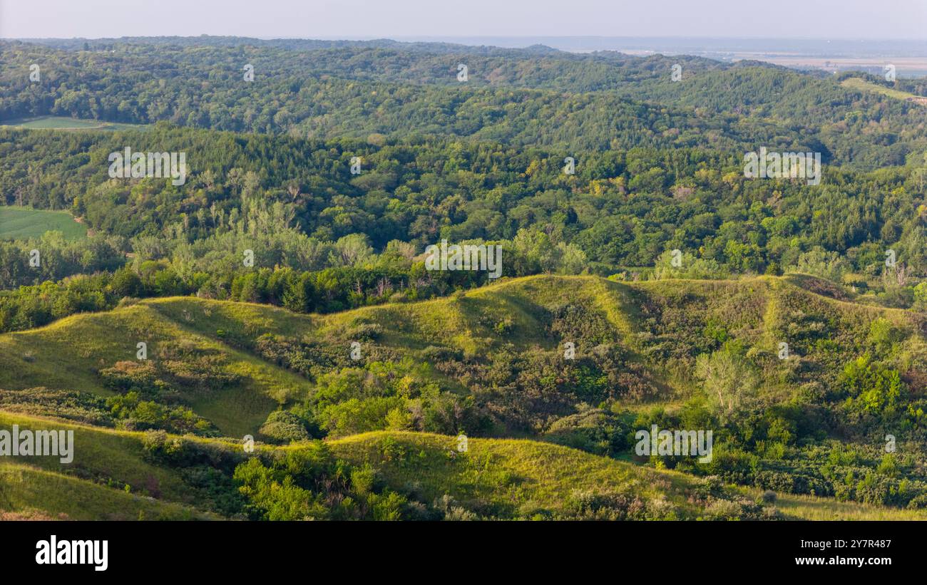 Photographie aérienne de Folsum point Preserve, une propriété protégée par la nature Conservancy dans le comté rural de Mills/Pottawattamie, Iowa, États-Unis. Banque D'Images