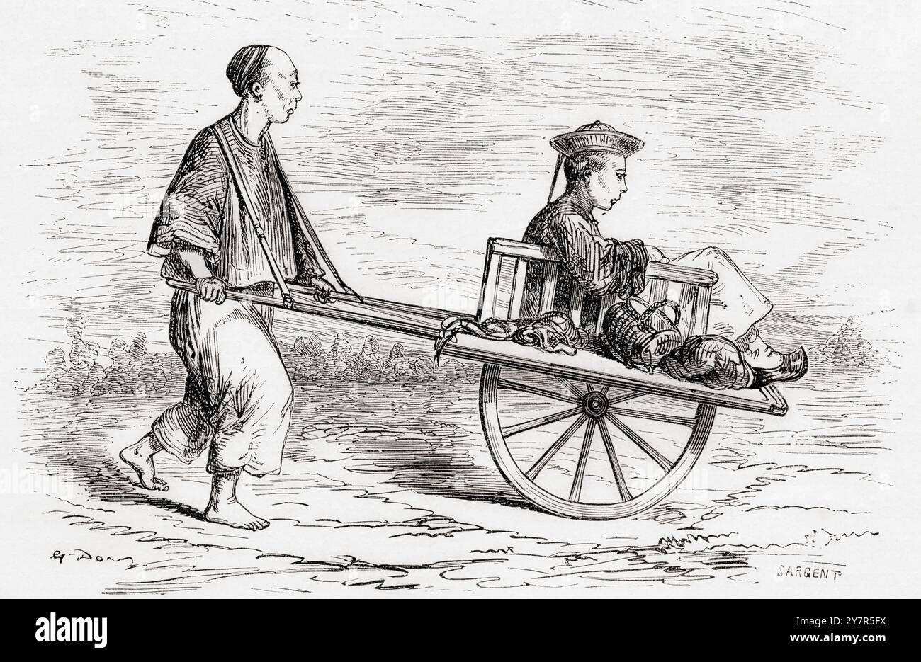 Brouette de voyage, forme chinoise de transport en Chine, 19ème siècle. Extrait du Tour du monde, paru à Paris, 1860. Banque D'Images