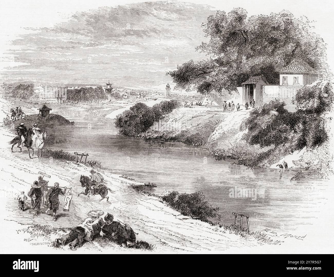 Enceinte des jardins de l'empereur, Edo, Tokio moderne, Japon, XIXe siècle. Extrait du Tour du monde, paru à Paris, 1860. Banque D'Images