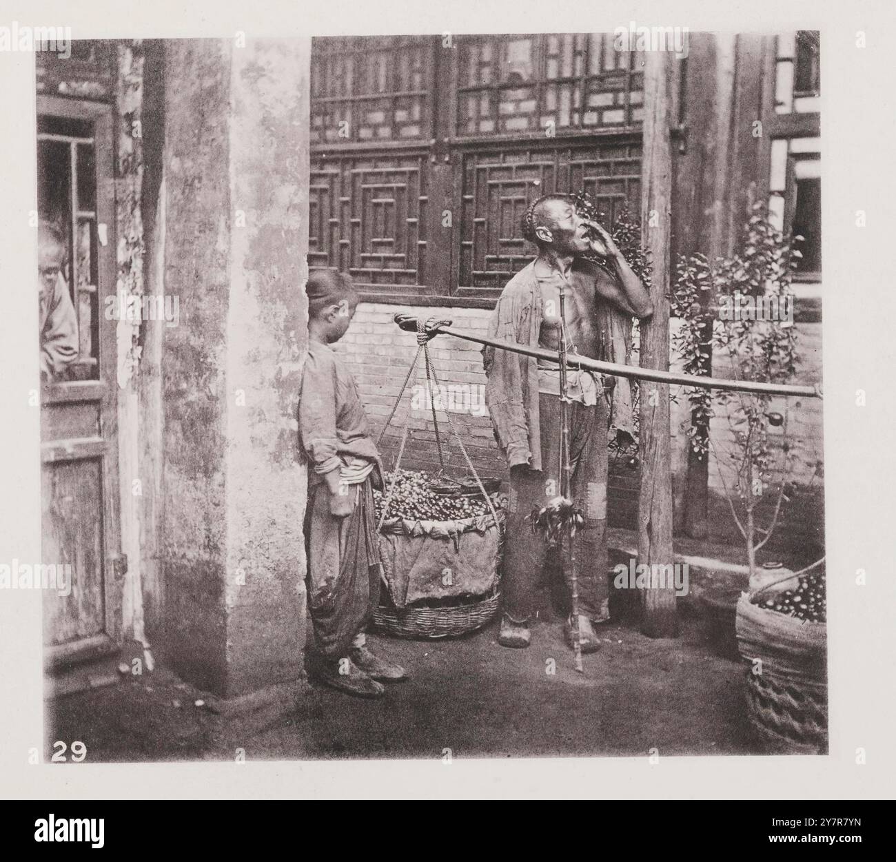 Vintage photo un homme chinois, avec des sacoches chargées, vendant des fruits à l'extérieur d'une maison. Un garçon appuyé sur un pilier voisin, regardant le fruit. À Pékin impérial, les propriétaires de magasins et les vendeurs itinérants étaient principalement chinois ou musulmans (bien que malgré la culture d'entreprise commune, ces derniers étaient considérés comme plus bas dans l'échelle sociale). Ils portaient leur « boutique » sur leurs épaules, marchant de rue en rue tout en appelant à faire de la publicité pour leurs marchandises. Contrairement à aujourd'hui, à l'époque, c'était le client qui avait sa propre machine de pesage à portée de main pour s'assurer qu'il recevait le montant qu'il payait. Voici un c Banque D'Images