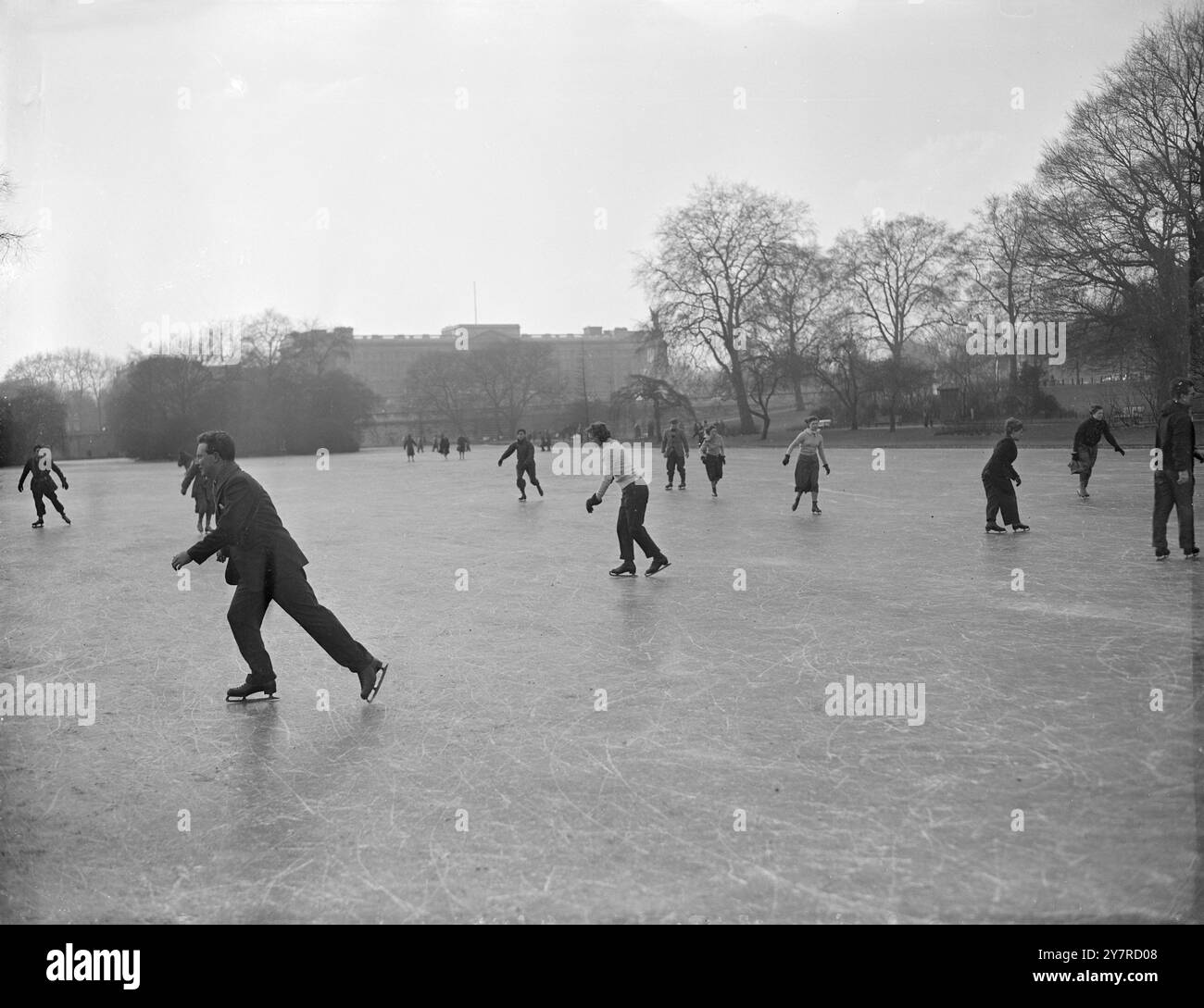 PATINAGE SUR L'ÉTANG ST JAMES'S PARK. Première fois depuis 1947. 3,2.54. Pour la première fois depuis 1947, le ministère des travaux publics autorise aujourd'hui le patinage à St James's Park, à Londres. Le patinage était également autorisé sur le Kensington Round Pond et le Richmond Park. La photo INP montre des patineurs profitant de la chance de patiner en vue du palais de Buckingham vu en arrière-plan sur St James's Park Pond aujourd'hui, à Londres. Photo de S. Heydinger. Photos d'actualités internationales. (COMM) 74345.H. Banque D'Images