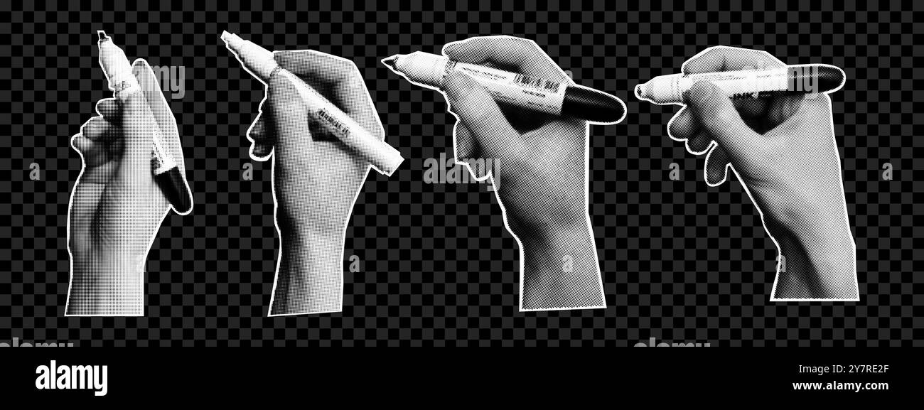 Ensemble de collage moderne avec des mains tenant marqueur sur fond transparent. Effet demi-ton rétro Illustration de Vecteur