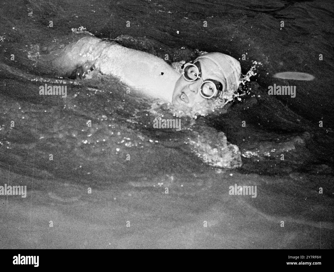 73450 Français remporte le marathon international du Nil le 24.12.53. Une course internationale de natation de marathon a eu lieu dans le Nil mercredi. 30 nageurs de 13 pays ont participé à la course qui a commencé à 2 heures du matin, mais seulement quatre ont réussi à terminer. Le vainqueur a été Raphael Morant, de France, et l'égyptien Abdel Latif Abu HEIF a terminé deuxième. I.N.P. photo montre le Français Raphael Morant complétant la course marathon de natation dans le Nil. Photos d'actualités internationales. Banque D'Images