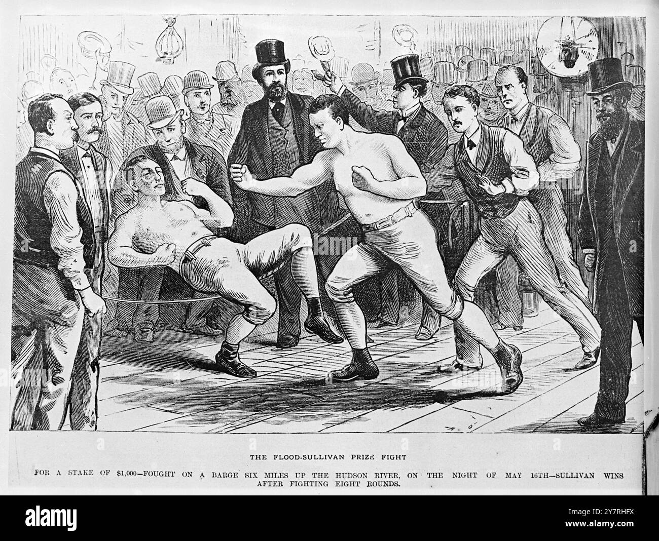 Les grands combats du passé Teat su ethdi's le 16 mai 1881, John L. Sullivan a combattu le prizefighter Flood sur une barge amarrée à six milles le long de la rivière Hudson depuis New York. La bourse était de dix cents dollars, ce qui sonnait plus à Flood qu'à mille dollars. La photo de I.N.P. montre Sullivan assommant Flood pour gagner au huitième tour. 1/PJ/72141 nouvelles internationales photos. Banque D'Images