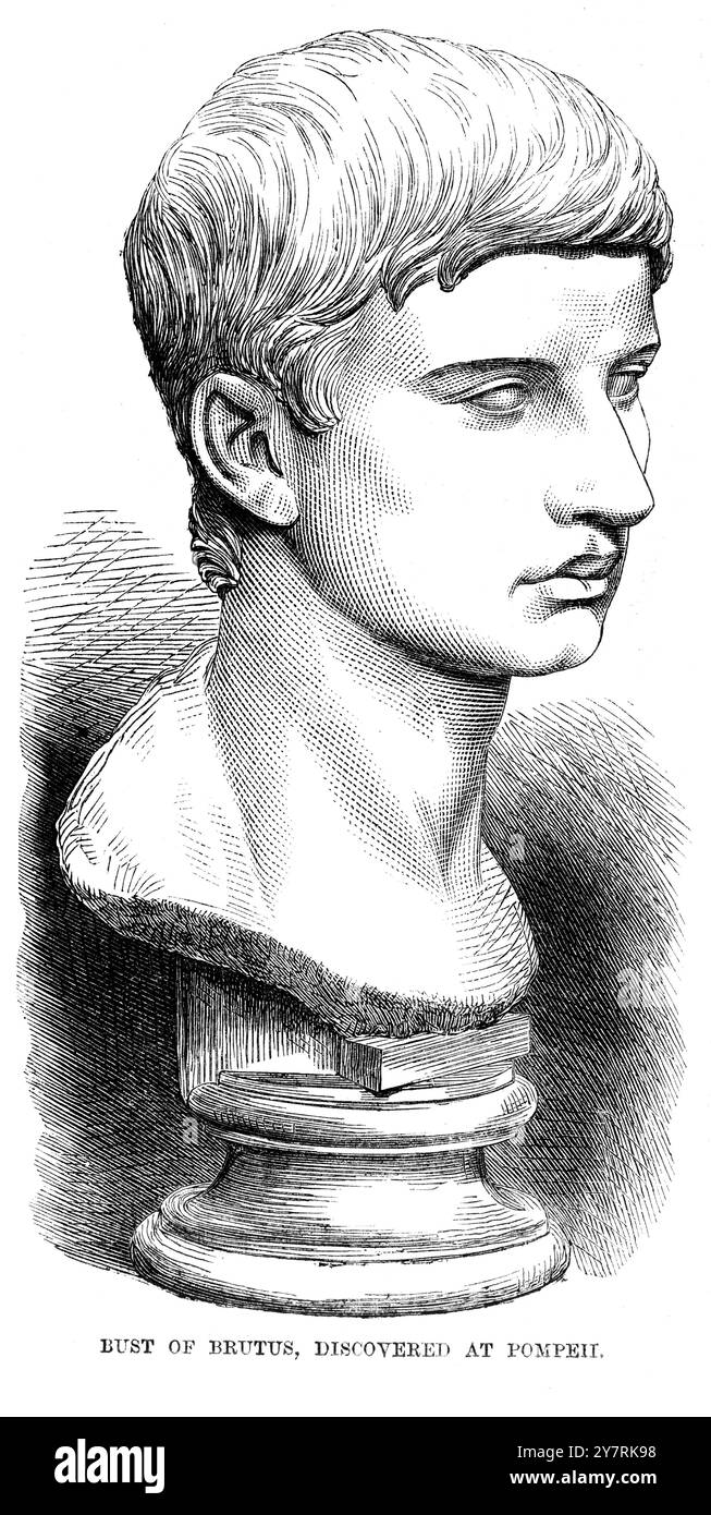 BUSTES ANTIQUES DE POMPEIIA correspondant à Naples rapporte la découverte de deux bustes - l'un de Pompée le Grand, l'autre de Brutus, qui ont été trouvés à Pompéi, dans la chambre est de la Maison Lucius Pompidius, à une profondeur de plusieurs pieds sous le sol. Les deux sont en marbre de Parian. Vu ici le buste de Brutus. 28 août 1869 Banque D'Images
