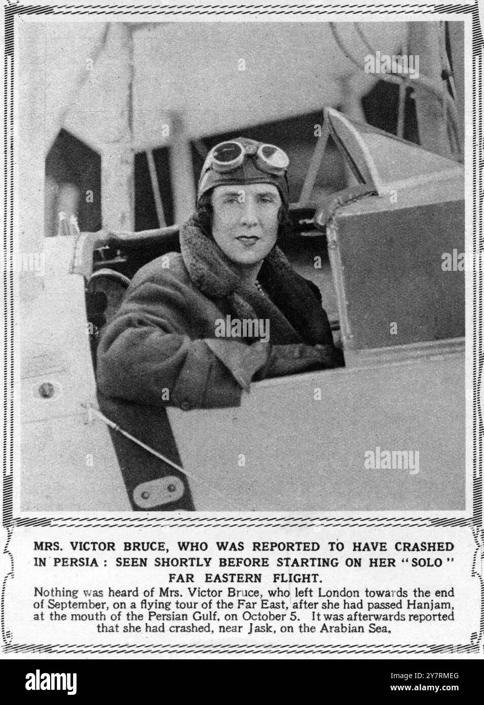 MME VICTOR BRUCE, QUI S'EST ÉCRASÉE EN PERSE : VUE PEU DE TEMPS AVANT SON VOL 'SOLO' EXTRÊME-ORIENT. On n'entendait rien de Mme Victor Bruce, qui quitta Londres vers la fin du mois de septembre, pour une tournée aérienne en extrême-Orient, après avoir passé Hanjam, à l'embouchure du golfe Persique, le 5 octobre 1930. Il a ensuite été rapporté qu'il s'était écrasé, près de Jask, sur la mer d'Arabie. 11 octobre 1930 Banque D'Images