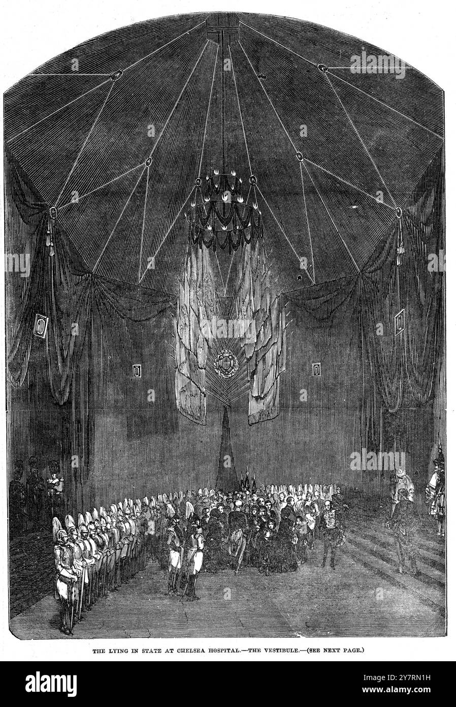 LE GRAND CORTÈGE FUNÈBRE DU DUC DE WELLINGTONLe couchage dans l'état du duc de Wellington à l'hôpital de Chelsea, Londres, Angleterre. La visite de sa Majesté la Reine au spectacle solennel dans la Grande salle de l'hôpital de Chelsea, le jeudi 11 novembre 1852 20 novembre 1852 Banque D'Images