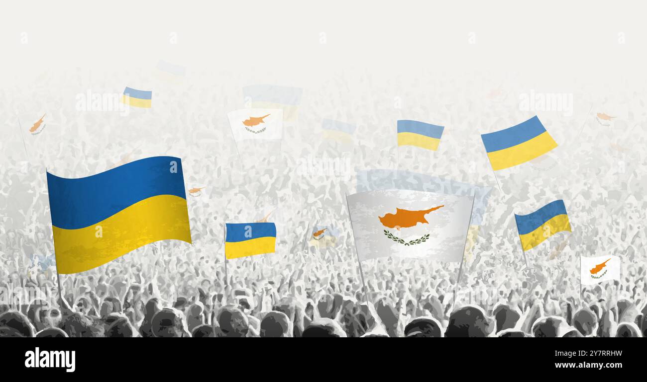 Des gens brandissent le drapeau de Chypre et de l'Ukraine, symbolisant la solidarité chypriote pour l'Ukraine. Illustration vectorielle. Illustration de Vecteur