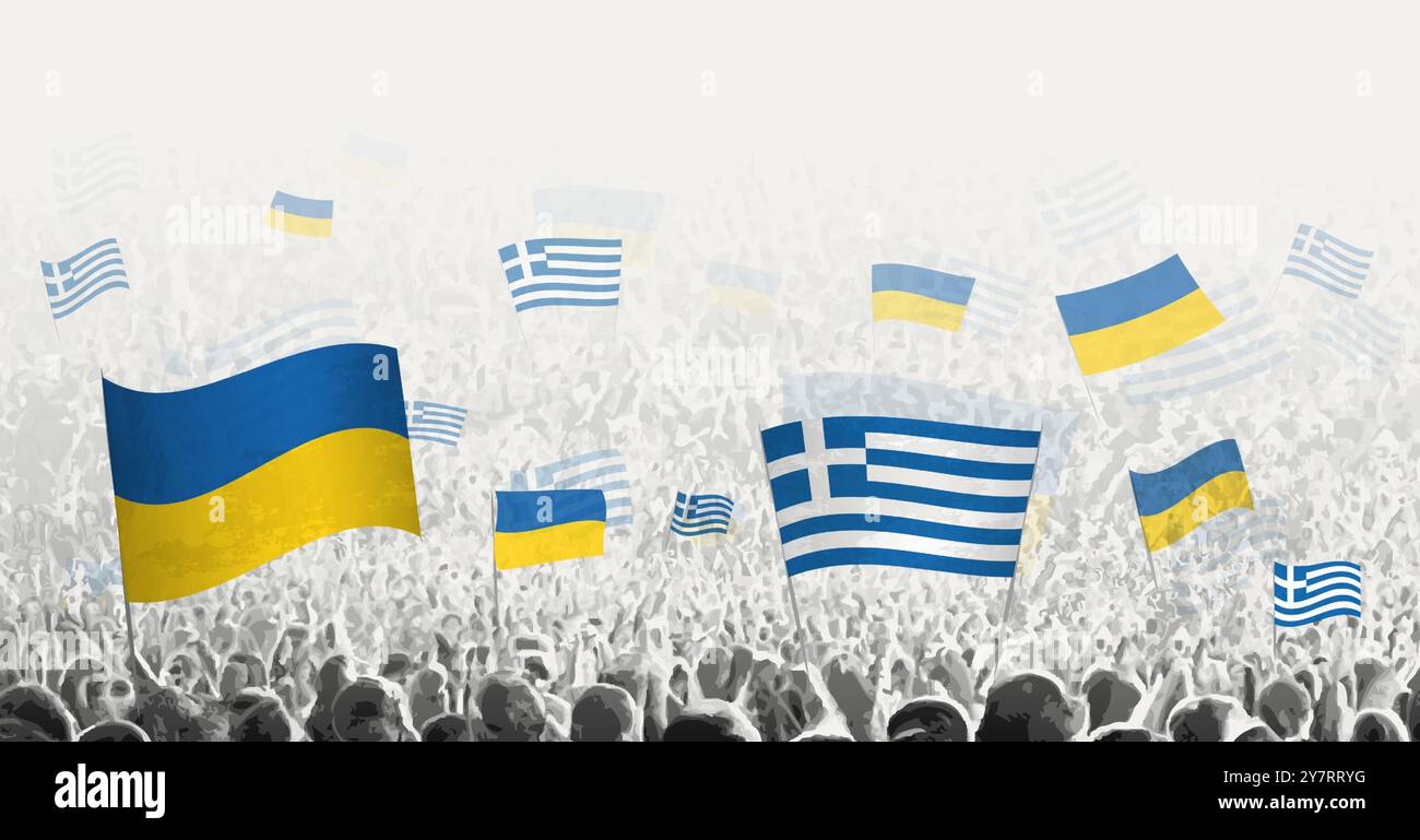 Des gens brandissant le drapeau de la Grèce et de l'Ukraine, symbolisant la solidarité de la Grèce pour l'Ukraine. Illustration vectorielle. Illustration de Vecteur