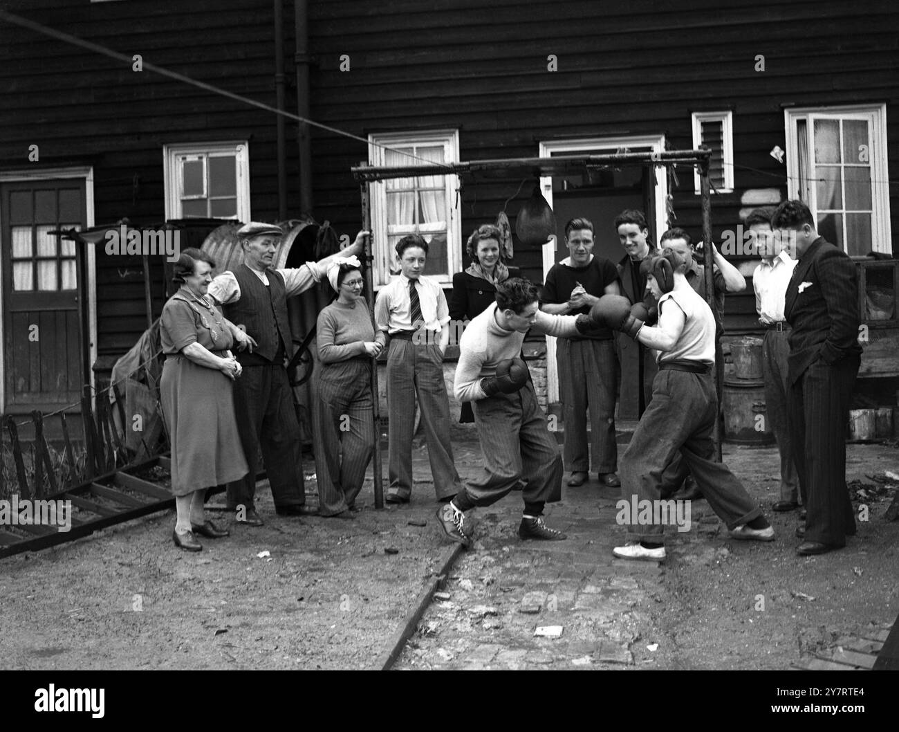 Harry McMurdie, 22 ans, ex-léger naval, d'Edgware, Middlesex, est un boxeur qui n'aura jamais à chercher des partenaires de sparring. Cinq des sept frères sont, ou ont été des exposants amateurs de l'art, et son père, qui est encore en jeu pour quelques rounds difficiles, était un boxeur de l'armée de distinction. Ces membres de sa famille, ainsi que sa mère, sa sœur, sa belle-sœur et son fiancé, occupent au moins une douzaine de sièges au bord du ring chaque fois qu'Harry se bat. Ainsi encouragé, ce jeune combattant prometteur a connu 17 combats sans défaites au cours de sa brève carrière professionnelle. Treize ont été gagnés à l'intérieur de t Banque D'Images