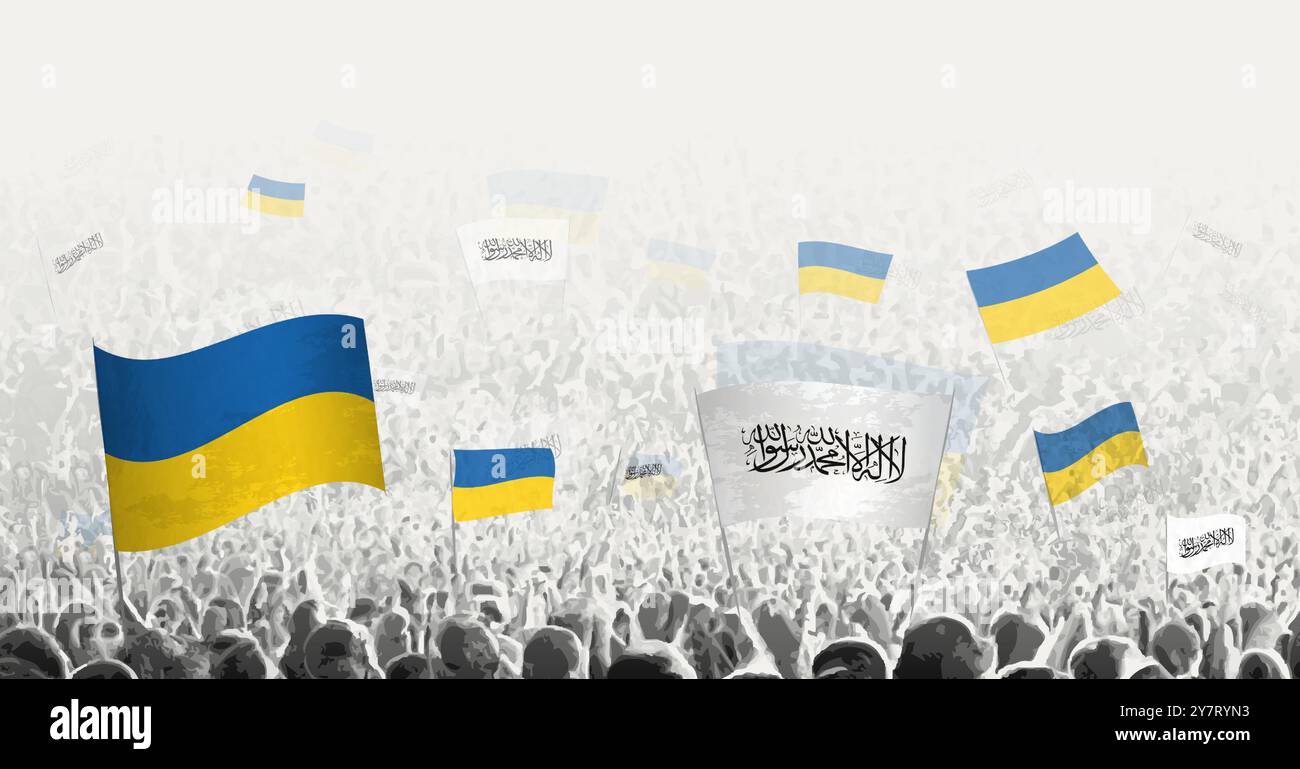 Des gens brandissent le drapeau de l'Afghanistan et de l'Ukraine, symbolisant la solidarité de l'Afghanistan envers l'Ukraine. Illustration vectorielle. Illustration de Vecteur