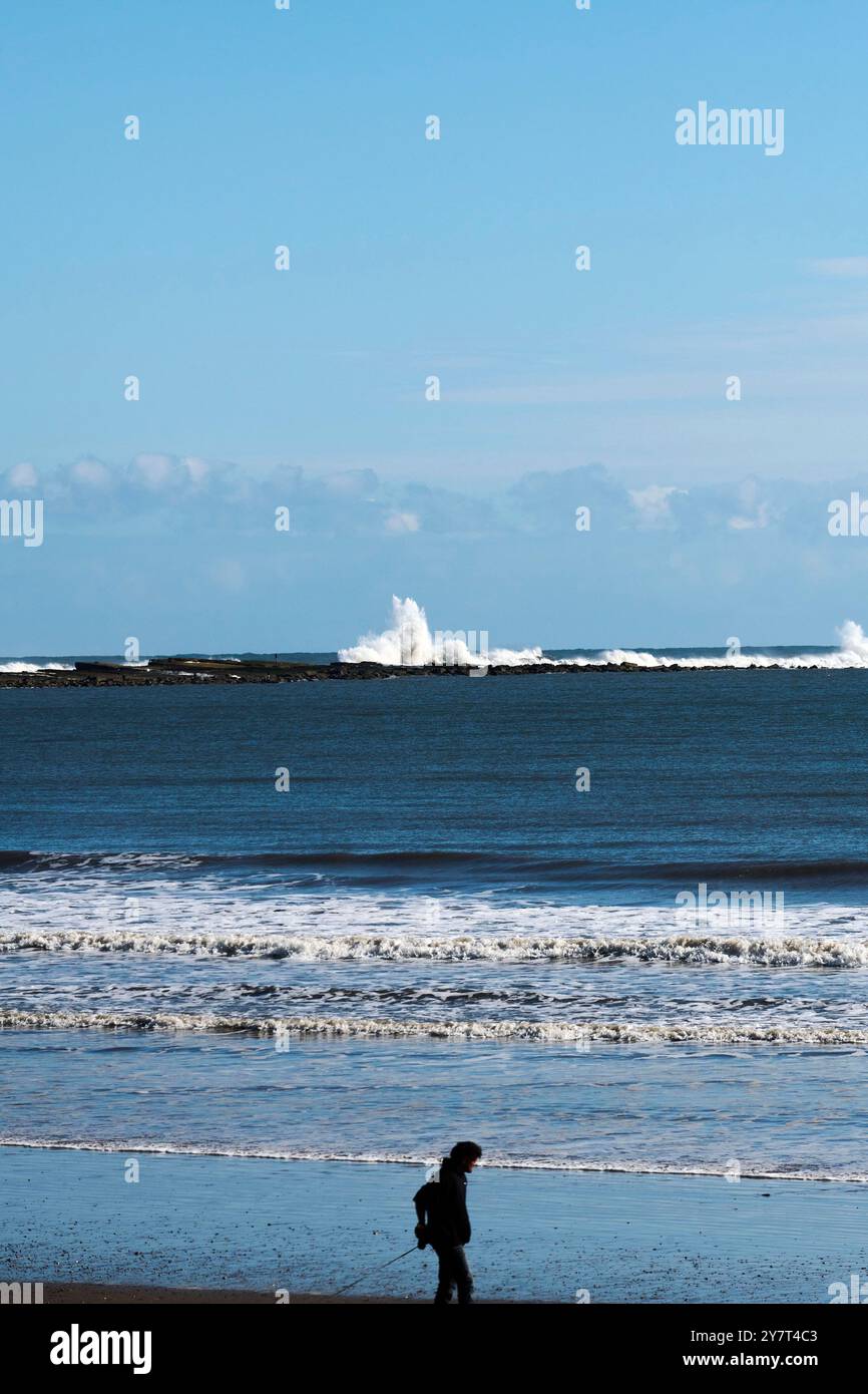 Des vagues se brisent sur Filey Brigg, East Yorkshire Coast, Nord de l'Angleterre, Royaume-Uni Banque D'Images