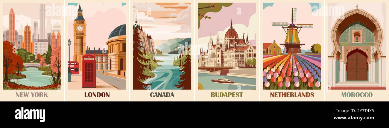 Ensemble d'affiches Travel destination dans un style rétro. Illustration de Vecteur