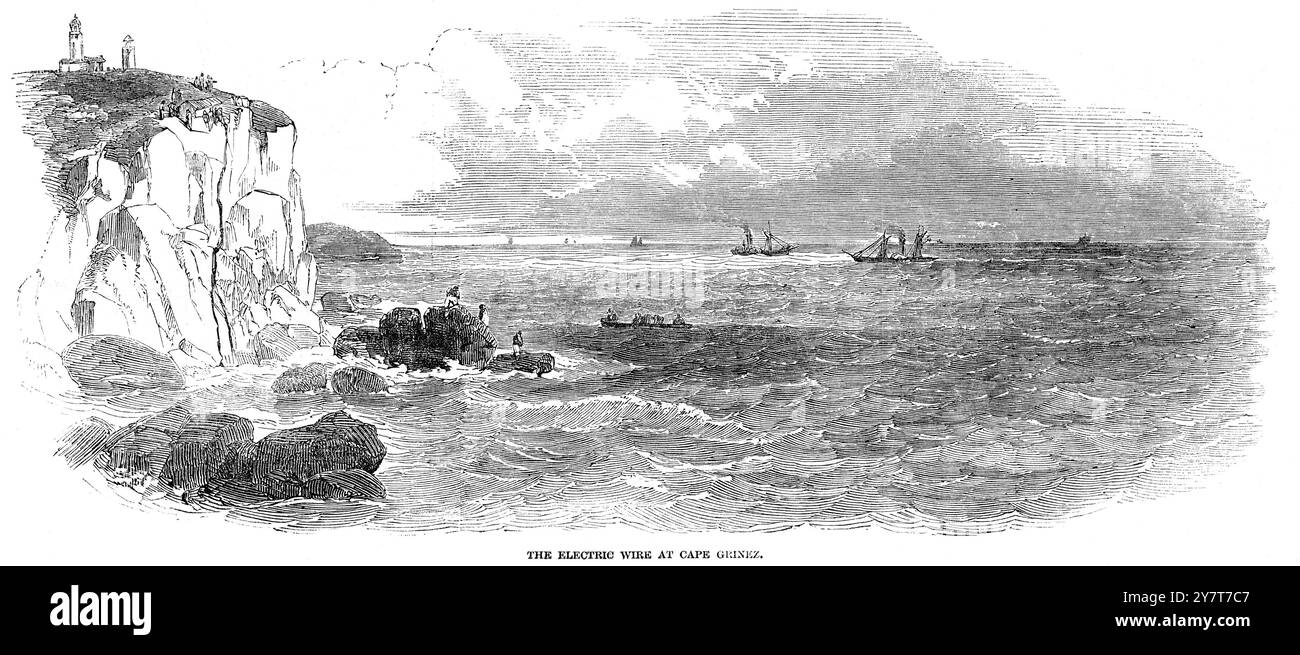 Câble télégraphique de canal posé pour le câble Atlantique et le télégraphe sous-marin sur les falaises du cap Grinez près de Calais, France. 7 septembre 1850 Banque D'Images