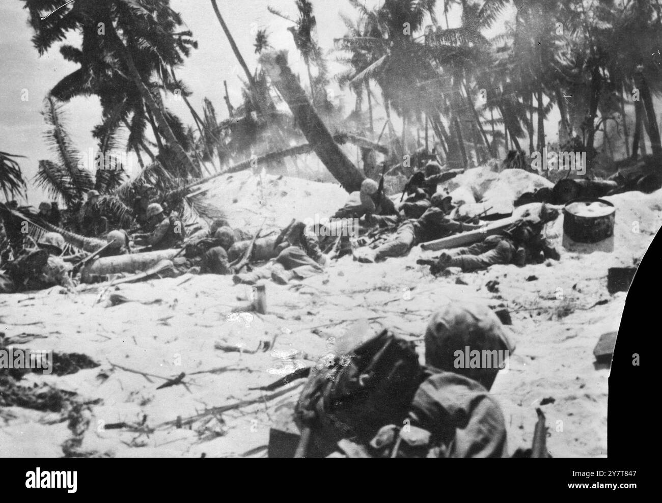 LES FIGHTING MARINES EN ACTION JANVIER 1944Le photo montre : - Une image d'action graphique qui vient d'être reçue à Londres, montrant des Marines américains attaqués après le débarquement à Tarawa, où certains des combats les plus sanglants de la campagne ont eu lieu avant qu'une tête de pont ne puisse être établie sur la base du Pacifique central. Accroupis derrière des palmiers brisés, les Marines attendent que des grenades soient jetées dans les tranchées japonaises quelques mètres plus loin. 2 janvier 1944 Banque D'Images