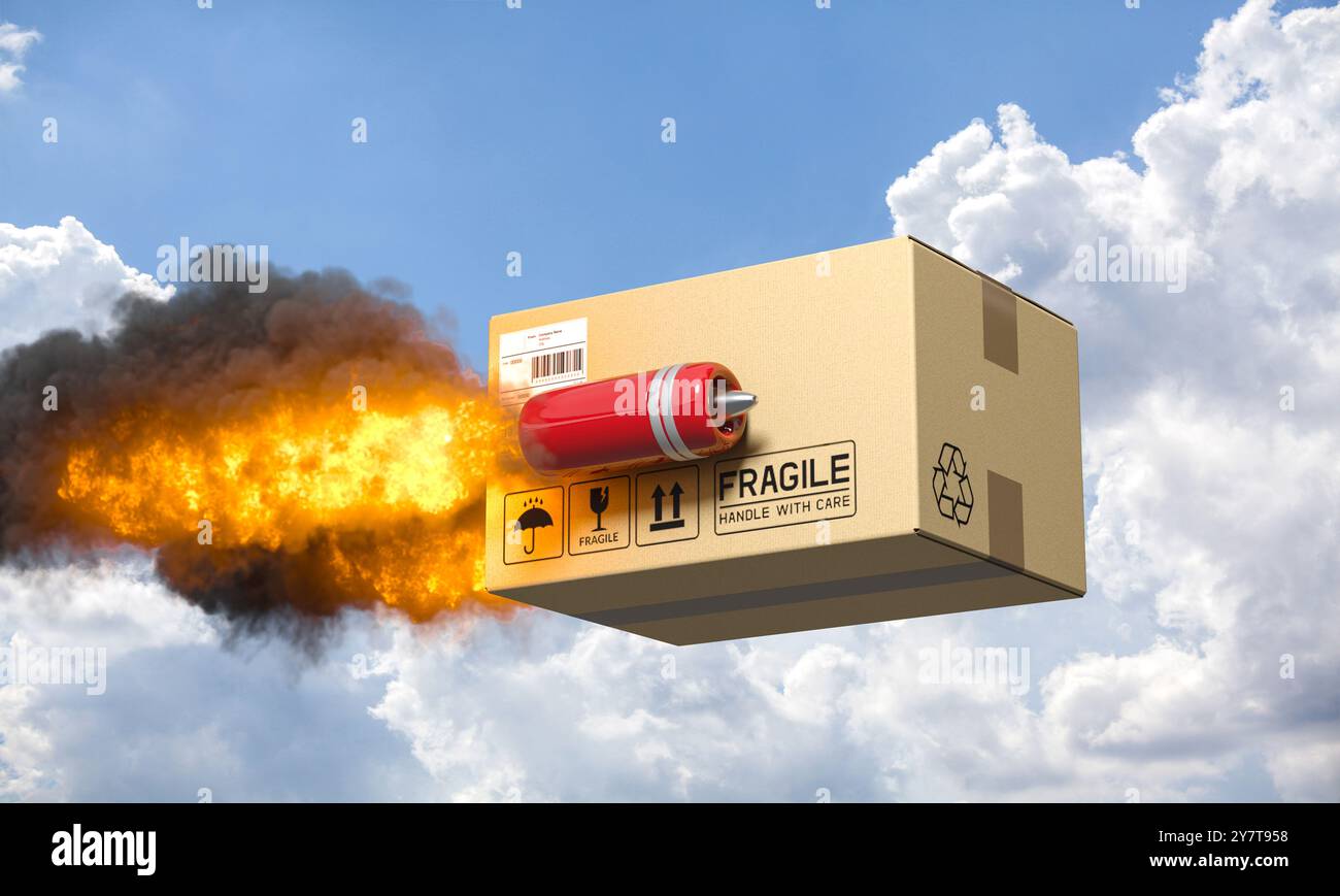 Boîte en carton volant dans le ciel propulsé par moteur à réaction, livraison rapide 3D. Banque D'Images