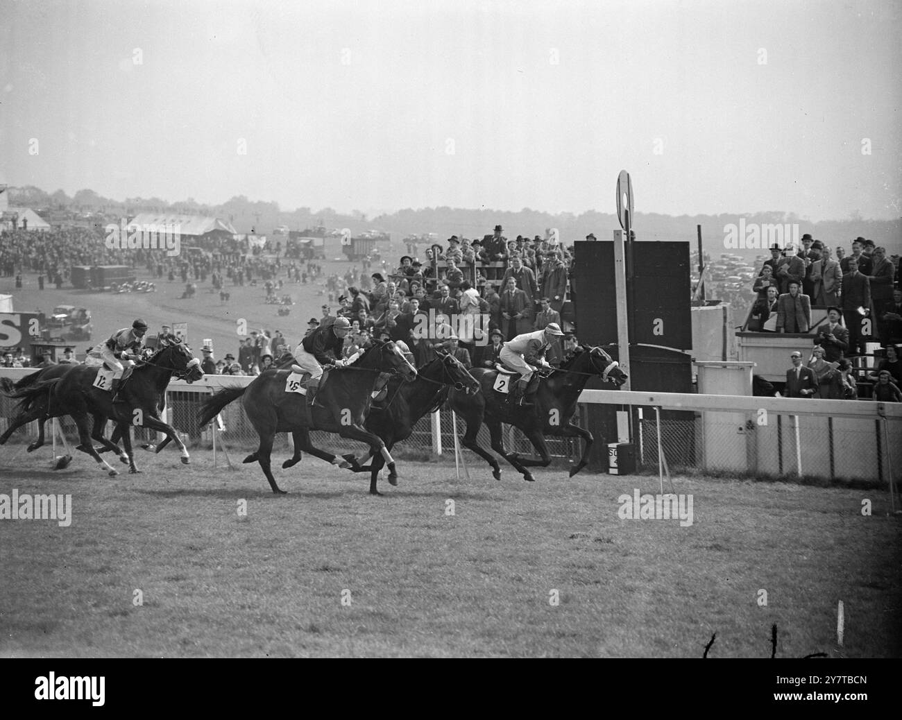 PORT O LIGHT remporte LE PROCÈS D'EPSOM EN FIN DE course 20 avril 1950 Port O Light, propriété de Mr C C Mathews et monté par T Gosling, passant le poteau pour remporter les Blue Riband Trail Stakes, courir sur la meilleure partie du parcours Derby à Epsom (Surrey) Spring Meeting aujourd'hui, jeudi. La deuxième est Mme James V Ranks Reminiscence (au centre), montée par Un Breasley, et la troisième est M. H J Joels Stromboli (n ° 16) monté par E Smith. Banque D'Images