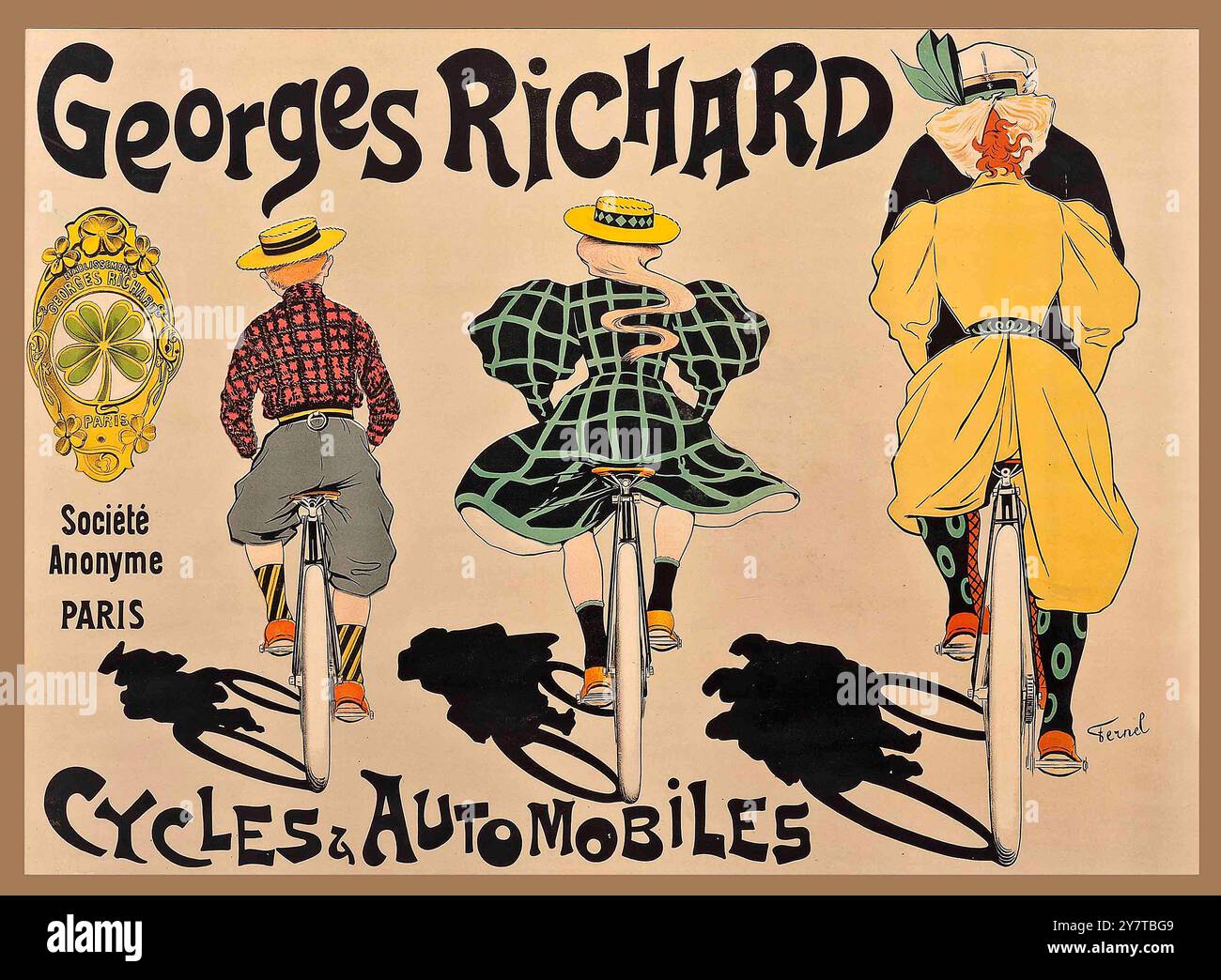 Affiche publicitaire Vintage français pour vélo : Georges Richard cycles & automobiles. Mettant en vedette trois cavaliers de Back Riding Bikes par Fernand Fernel circa 1900 Banque D'Images