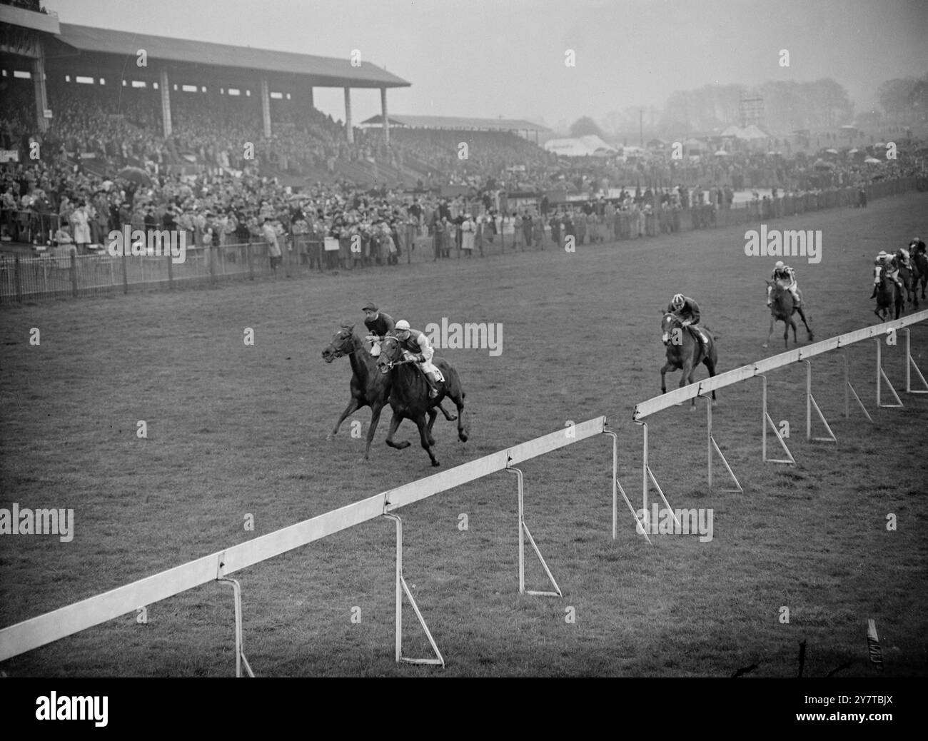UN POUR LES SCORES SUR ROUTE EPSOM GAGNE 18 avril 1950 L'un pour la route de M. d Miln, K Gethin Up, force un vistory étroit sur le Tambra de l'Aga Khan, monté par C Smirke (à gauche) dans les Princess Elizabeth Stakes le jour d'ouverture de la réunion de printemps à Epsom, Surrey, aujourd'hui (mardi). Il arrive à la troisième place à droite dans Banquise III, propriété de Mme DG Davis et monté par H Packham. One for the Road a pris la tête peu après Tattenham Corner et a gagné par une demi-longueur. Banquise III termine quatre longueurs derrière Tambra. Banque D'Images